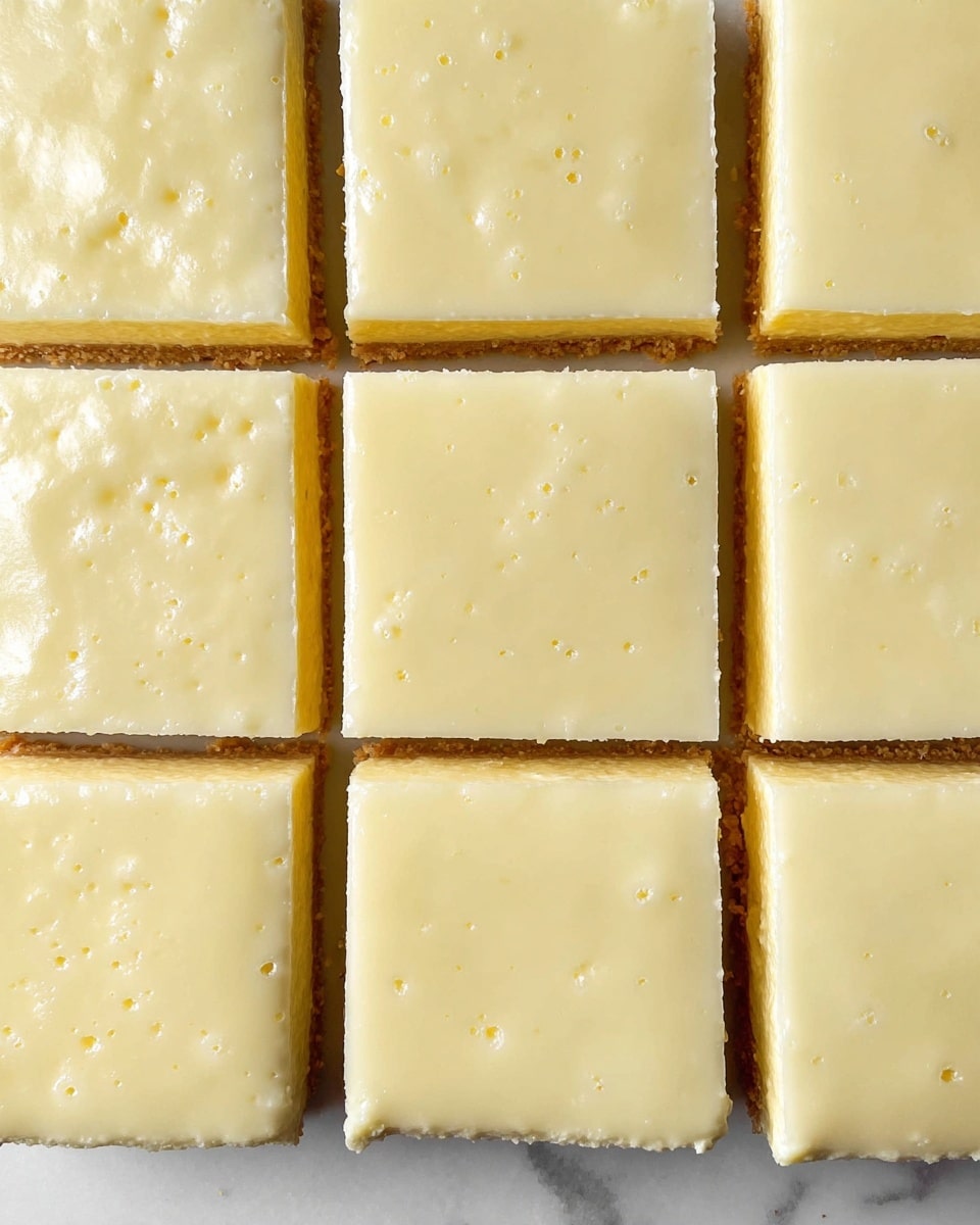 The image shows a close-up of nine square pieces of a creamy dessert arranged in a 3x3 grid, each piece with a smooth, pale yellow custard-like top layer that has tiny air bubbles. The top layer is thin, glossy, and consistent across all squares. Beneath this, a thin, golden-brown base layer is visible around the edges, giving each piece a slight contrast in color and texture. The dessert is placed on a white marbled surface, highlighting the clean cuts between each square. photo taken with an iphone --ar 4:5 --v 7