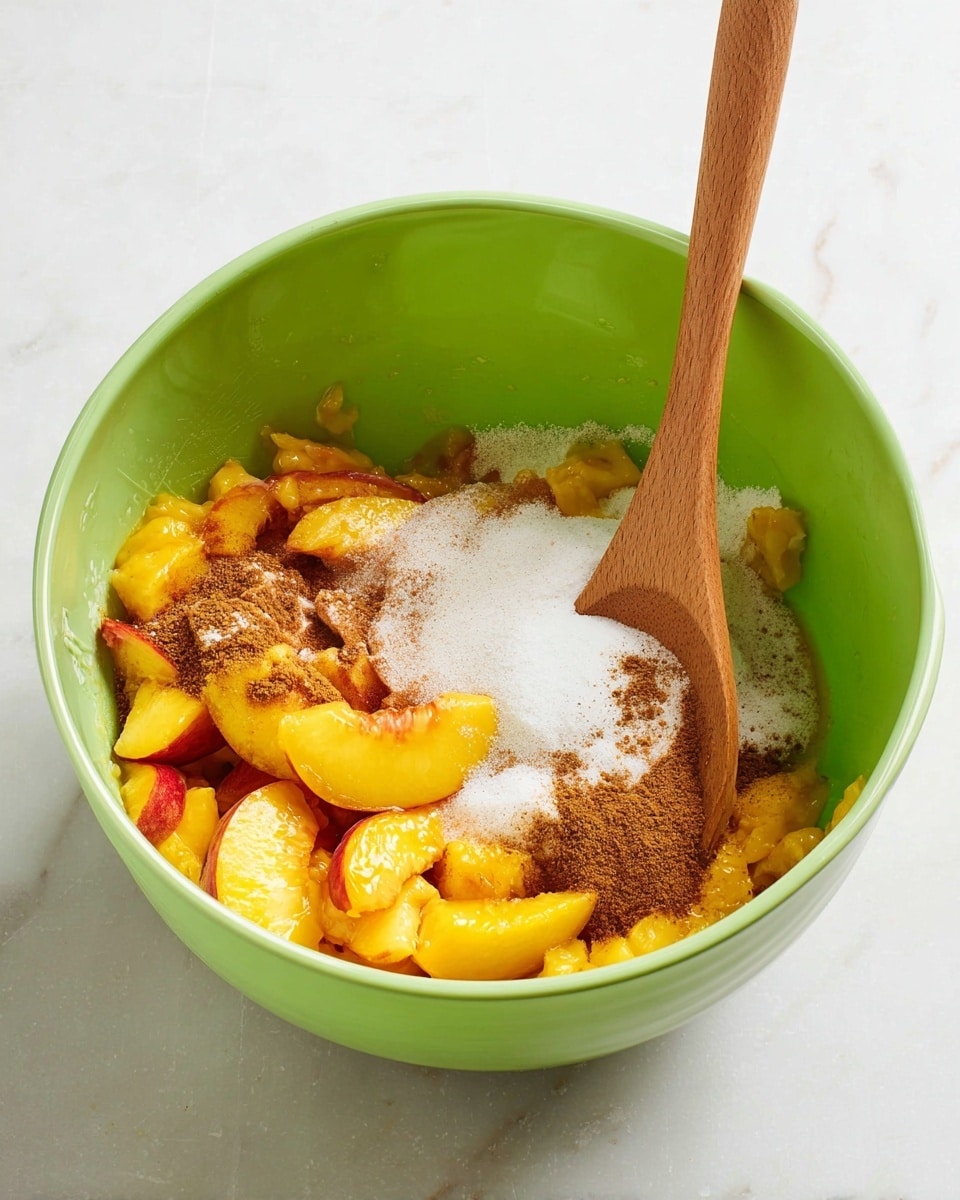 A green mixing bowl filled with three main layers inside: at the bottom, there are bright orange-yellow sliced peaches; on top of the peaches, there is a white granular sugar layer scattered unevenly; and finally, a layer of brown spices, likely cinnamon, sprinkled on one side. A wooden spoon stands upright inside the bowl, resting against the side. The bowl sits on a white marbled surface. photo taken with an iphone --ar 4:5 --v 7