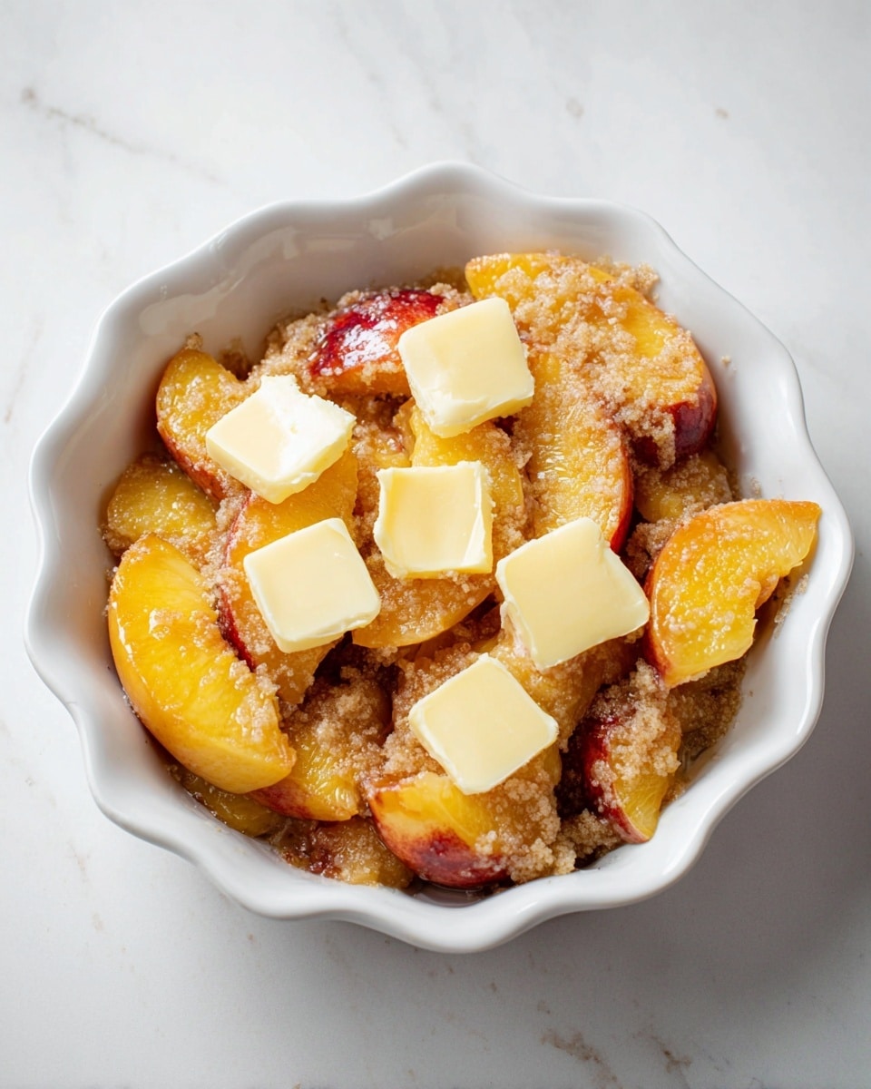A white scalloped-edge ceramic dish filled with a mixed layer of sliced yellow and red peaches coated in a grainy brown sugar mixture, topped evenly with four square pats of pale yellow butter. The fruit looks soft and juicy, with the butter slightly melting on top. The dish rests on a white marbled surface with bright natural light highlighting the textures and colors. photo taken with an iphone --ar 4:5 --v 7