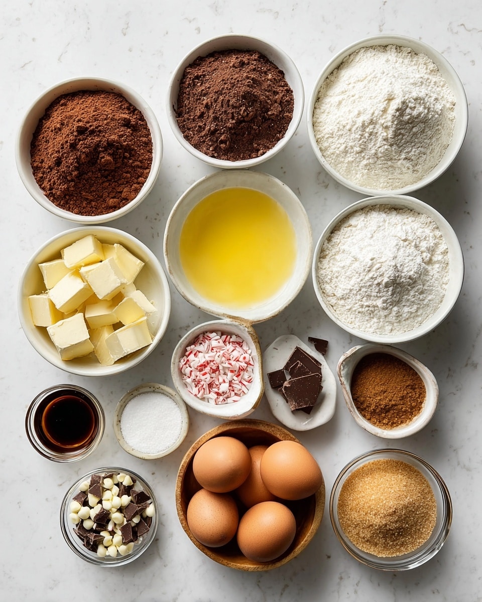 The image shows ten bowls and one wooden bowl arranged neatly on a white marbled surface, each containing different baking ingredients. The top row has three white bowls with powdered contents: brown cocoa powder on the left, white granulated sugar in the middle, and white flour on the right. Below, from left to right, there is a small white bowl with crushed red and white peppermint, a white bowl with melted yellow butter, a larger white bowl with chopped pieces of white and dark chocolate, and two small white bowls containing white salt and brown cinnamon powder. On the lower left, a small transparent bowl holds white chocolate chips. A wooden bowl in the center holds three brown eggs. On the right, a white bowl is filled with light brown soft sugar. Additionally, a very small white bowl with dark brown vanilla extract is placed near the bottom left. All bowls have smooth, round shapes, and the lighting is bright and natural. Photo taken with an iphone --ar 4:5 --v 7