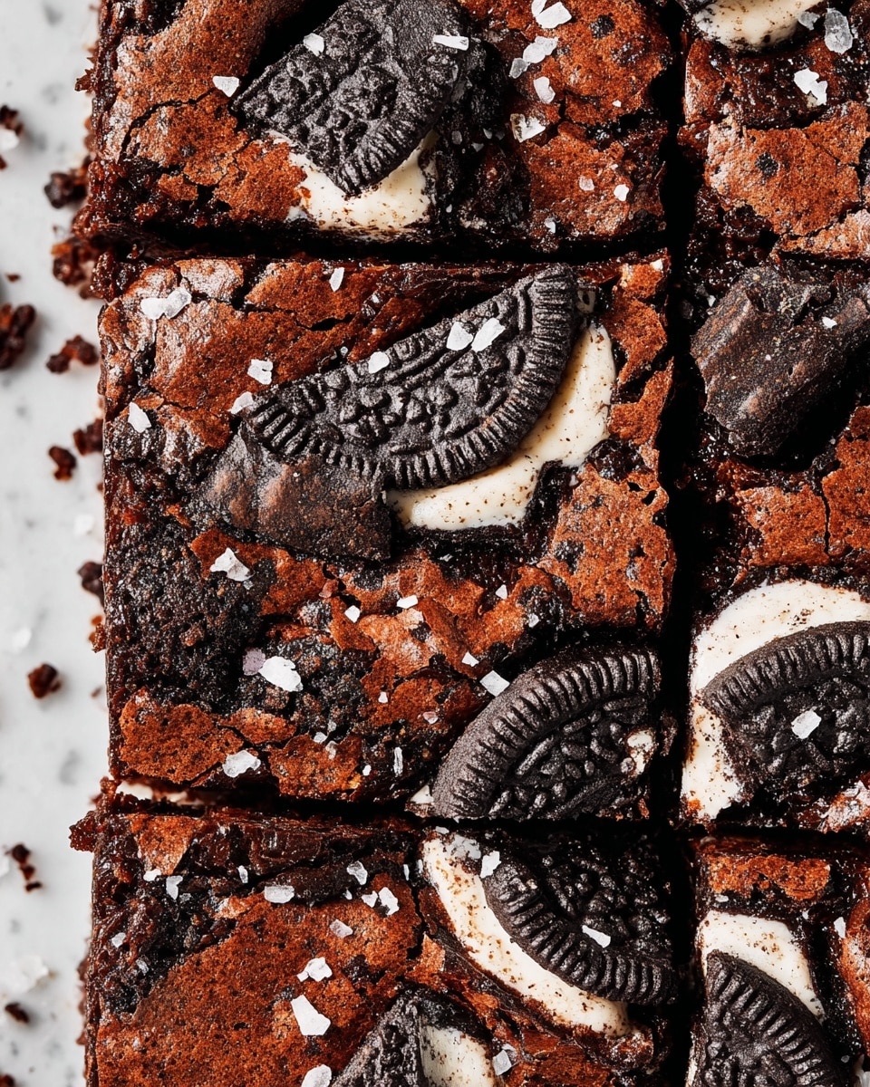 A close-up view of a single-layer chocolate brownie topped with large pieces of black and white sandwich cookies broken unevenly across the surface, creating a contrast between the rich dark chocolate base and the creamy white filling of the cookies. The surface of the brownie shows cracks and a slightly rough texture, while the cookie pieces add both smooth and crumbly textures. There are also scattered white salt flakes on top, enhancing the visual interest against the deep brown and black tones. The image is set on a white marbled texture. photo taken with an iphone --ar 4:5 --v 7