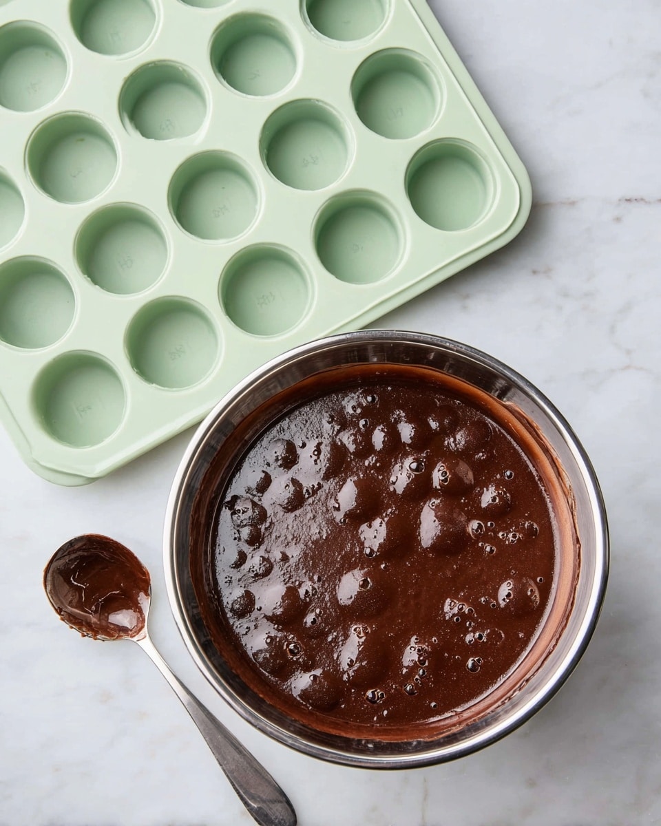 A shiny silver bowl filled with thick, dark brown chocolate batter with a smooth texture and some bubbles on top sits on a white marbled surface. Next to the bowl, there is a small shiny silver spoon with some batter on it. Behind the bowl, a light green silicone mold with 24 round cavities is placed on the same white marbled surface. The scene is well lit and clean, focusing on the batter and the mold. photo taken with an iphone --ar 4:5 --v 7