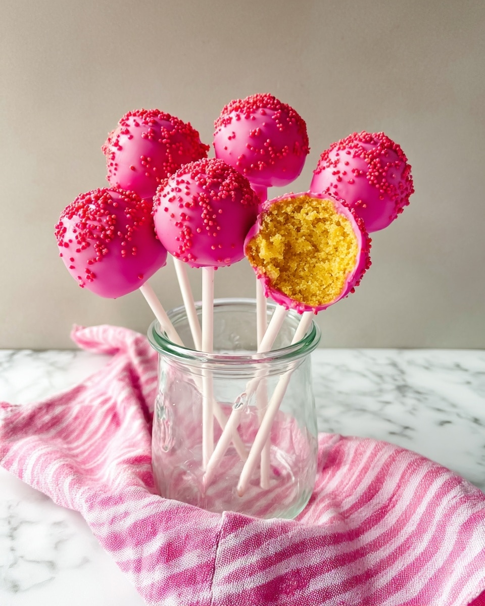Five round cake pops are shown standing inside a clear glass jar, each on a white stick. The cake pops are coated in a smooth bright pink layer sprinkled with tiny red dots. One cake pop is bitten, revealing a soft yellow cake inside. The jar sits on a pink and white striped cloth, which rests on a white marbled surface with a plain light wall in the background. Photo taken with an iphone --ar 4:5 --v 7