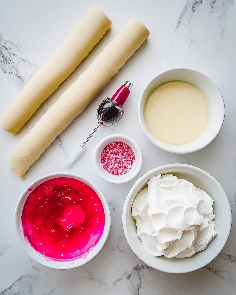 The image shows ingredients for a dessert laid out on a white marbled surface, including two rolled light beige dough pieces positioned horizontally near the top. Below them, there are four white bowls arranged in a loose square: starting from the left, a bowl filled with bright pink jelly with a shiny and slightly wobbly texture; next to it on the right, a bowl holding thick white whipped cream with a smooth and fluffy surface; above it, a bowl filled with pale yellow custard with a creamy and smooth texture; and lastly, a small cup containing tiny bright pink sugar crystals. In the center, between the bowls and dough, there's a small metal piping tip and a small bottle with a dark liquid and a red top. Photo taken with an iphone --ar 4:5 --v 7