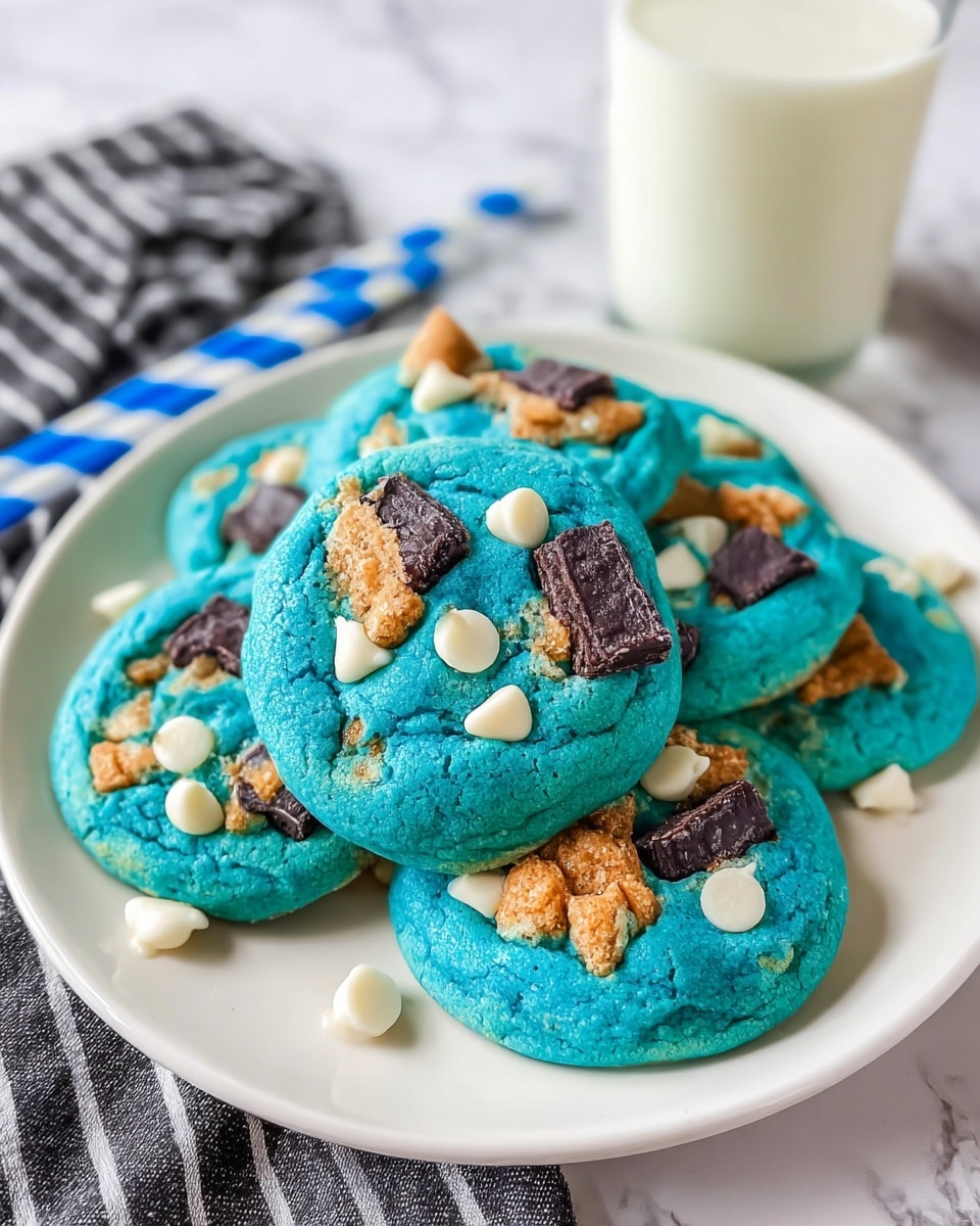 A white plate holds a stack of six bright blue cookies, each topped with pieces of dark chocolate cookie chunks, tan cookie bits, and white chocolate chips scattered unevenly. The cookies have a soft texture with slight cracks. Behind the plate, there is a glass of milk and a black and white striped cloth with a blue-striped straw resting on a white marbled surface. The overall look is colorful and inviting. photo taken with an iphone --ar 4:5 --v 7