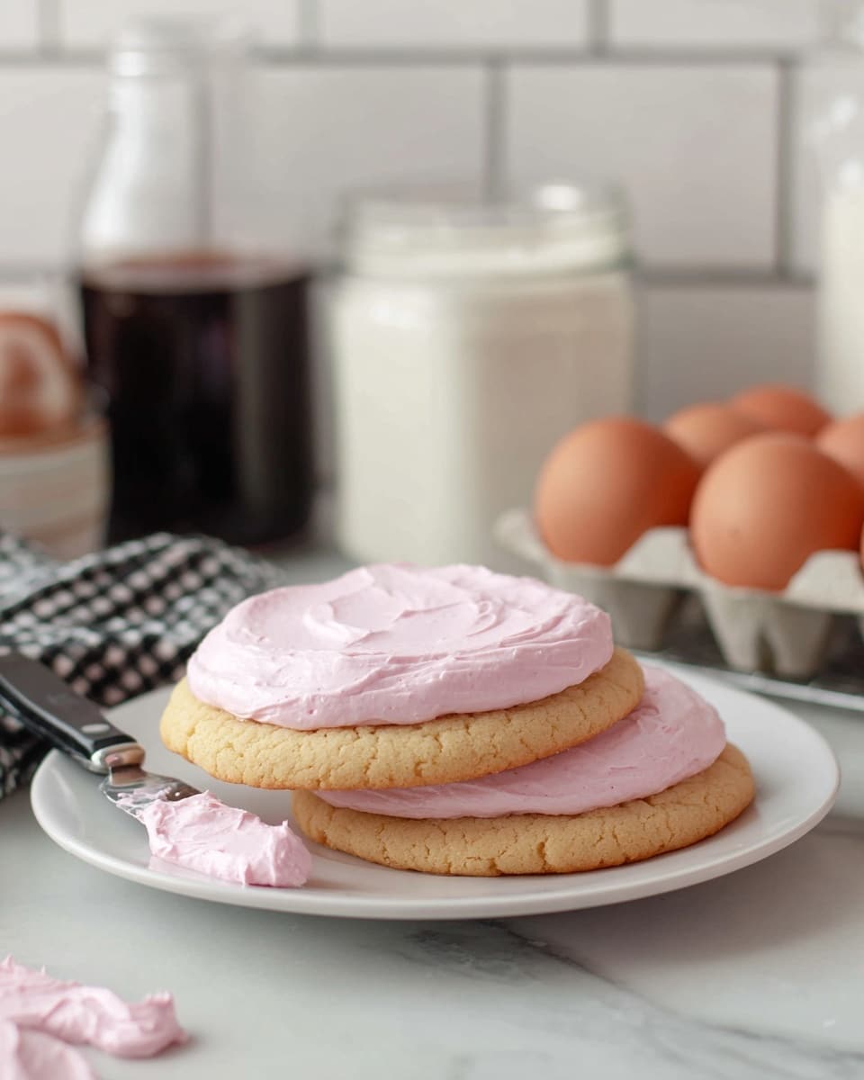 Two soft round cookies with a thick layer of light pink smooth frosting spread evenly on top sit stacked on a white plate. The cookies are golden brown with a slightly crumbly texture. In the foreground on a white marbled surface, a butter knife with more pink frosting is visible. In the background, there are brown eggs in a white carton, a dark glass bottle, a jar with white powder, and a black and white checked cloth. The setting is a bright kitchen with white subway tile walls. photo taken with an iphone --ar 4:5 --v 7
