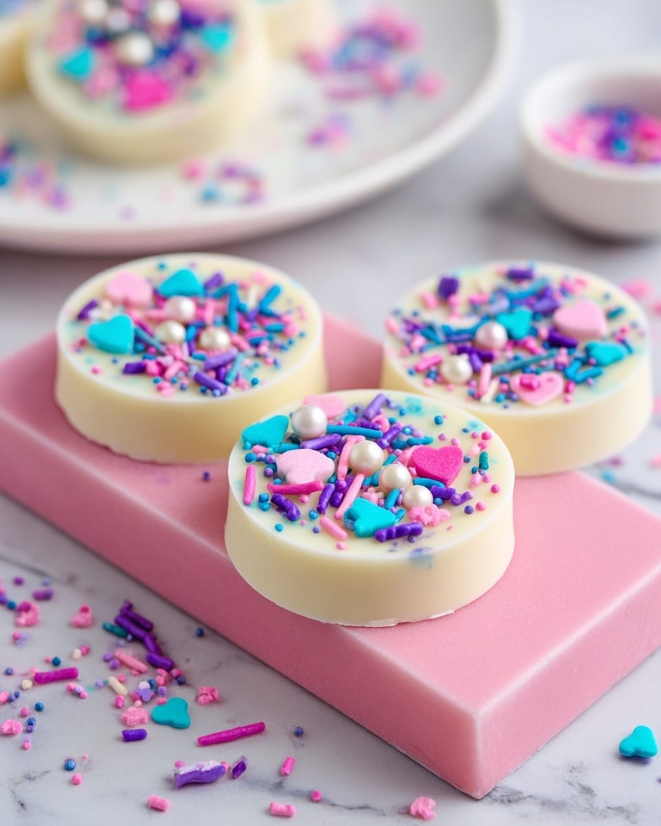 Three round white chocolate discs sit on a pink rectangular block. Each disc has a smooth creamy white base and is topped with colorful sprinkles including blue hearts, pink and purple rods, and small pearl-like balls in white, teal, purple, and pink. Some sprinkles are scattered on the pink block and the surrounding white marbled surface. In the background, more discs with similar toppings are seen on a white plate. The scene is bright and playful with a soft focus on the background. photo taken with an iphone --ar 4:5 --v 7