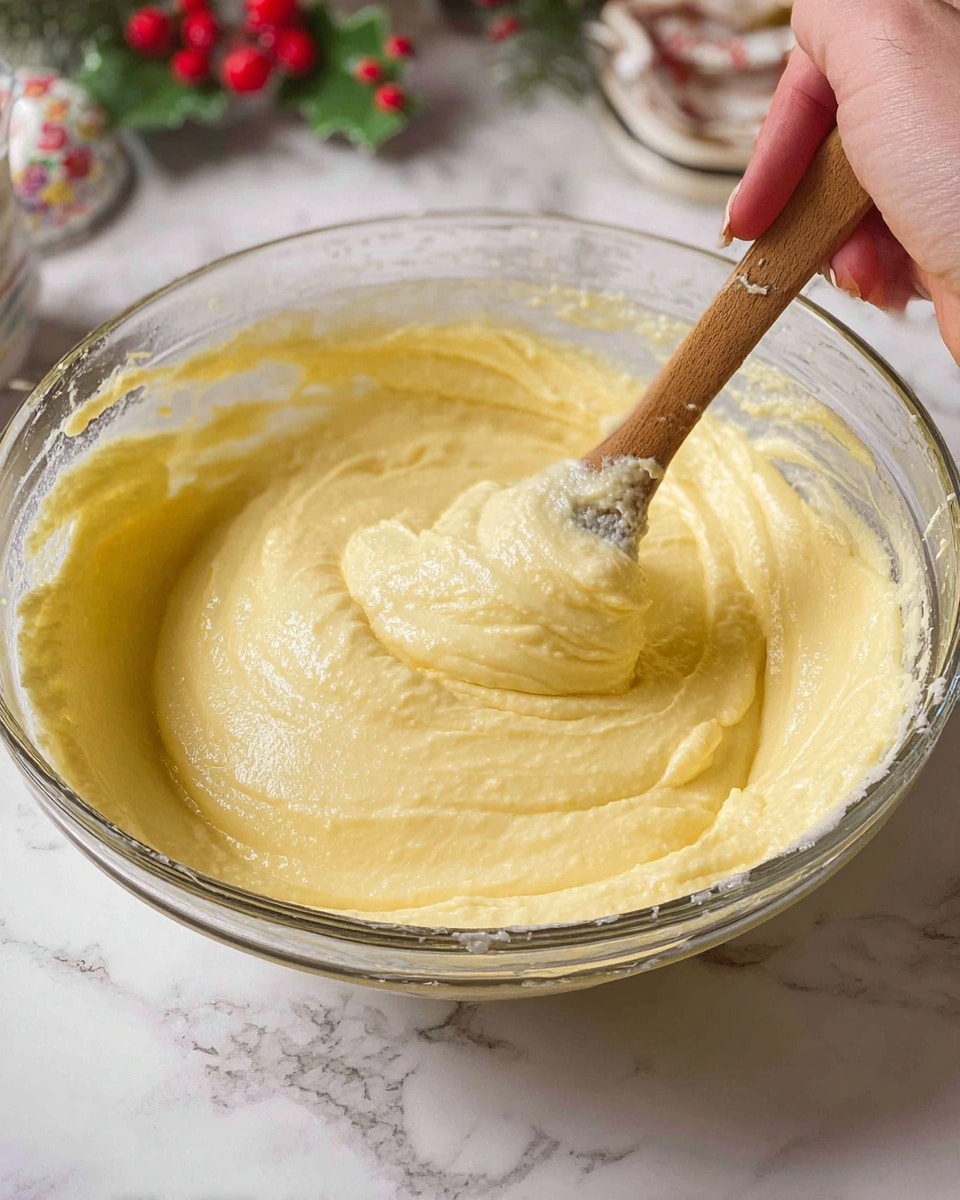 A clear glass bowl filled with smooth, thick light yellow batter being stirred with a wooden spoon. A woman's hand is holding the spoon, mixing the creamy texture gently. The bowl is placed on a white marbled surface with some green and red blurry decorations visible in the background. Photo taken with an iphone --ar 4:5 --v 7