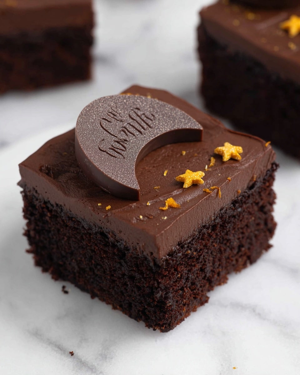 A square-shaped chocolate cake piece sits on a white marbled surface, showing two distinct layers: a dark, rich brown spongy cake base and a smooth, thick layer of dark chocolate frosting on top. On the frosting, there is a half-moon shaped chocolate piece with a slightly dusty texture and embossed writing, placed near one edge. Small, golden star-shaped sprinkles and tiny bits of orange zest decorate the area around the chocolate piece. In the background, parts of two other chocolate pieces can be seen, blurred. Photo taken with an iphone --ar 4:5 --v 7