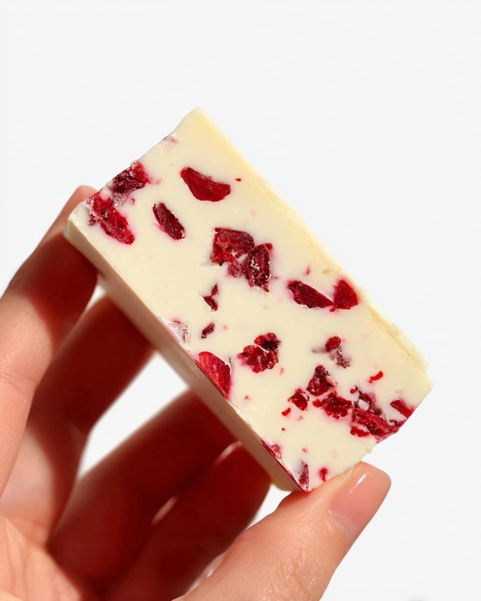 A small rectangular white bar is held by a woman's hand, showing a smooth top layer mixed with bright red fruit pieces scattered inside the creamy white base. The bar has one even layer with the red pieces spread evenly throughout, creating a contrast between the white and red colors. The background is plain white with no texture, highlighting the bar clearly. photo taken with an iphone --ar 4:5 --v 7