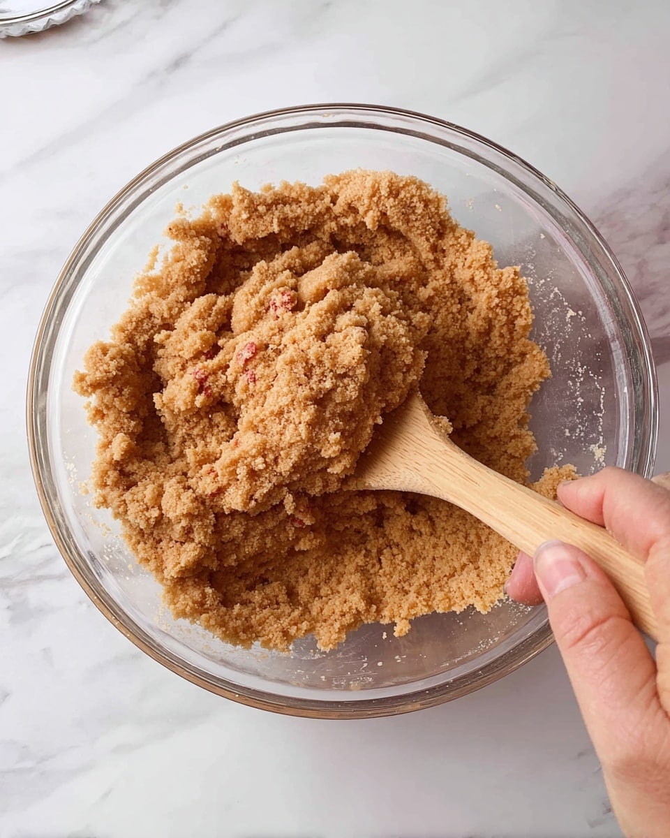 A large clear glass bowl holds a light brown, crumbly mixture with small red bits throughout, having a grainy texture. A wooden spoon scoops up a portion of the mixture from the center of the bowl, showing its dense consistency. A woman's hand is visible on the right side, holding the spoon. The bowl sits on a white marbled surface, adding a clean and bright background. photo taken with an iphone --ar 4:5 --v 7