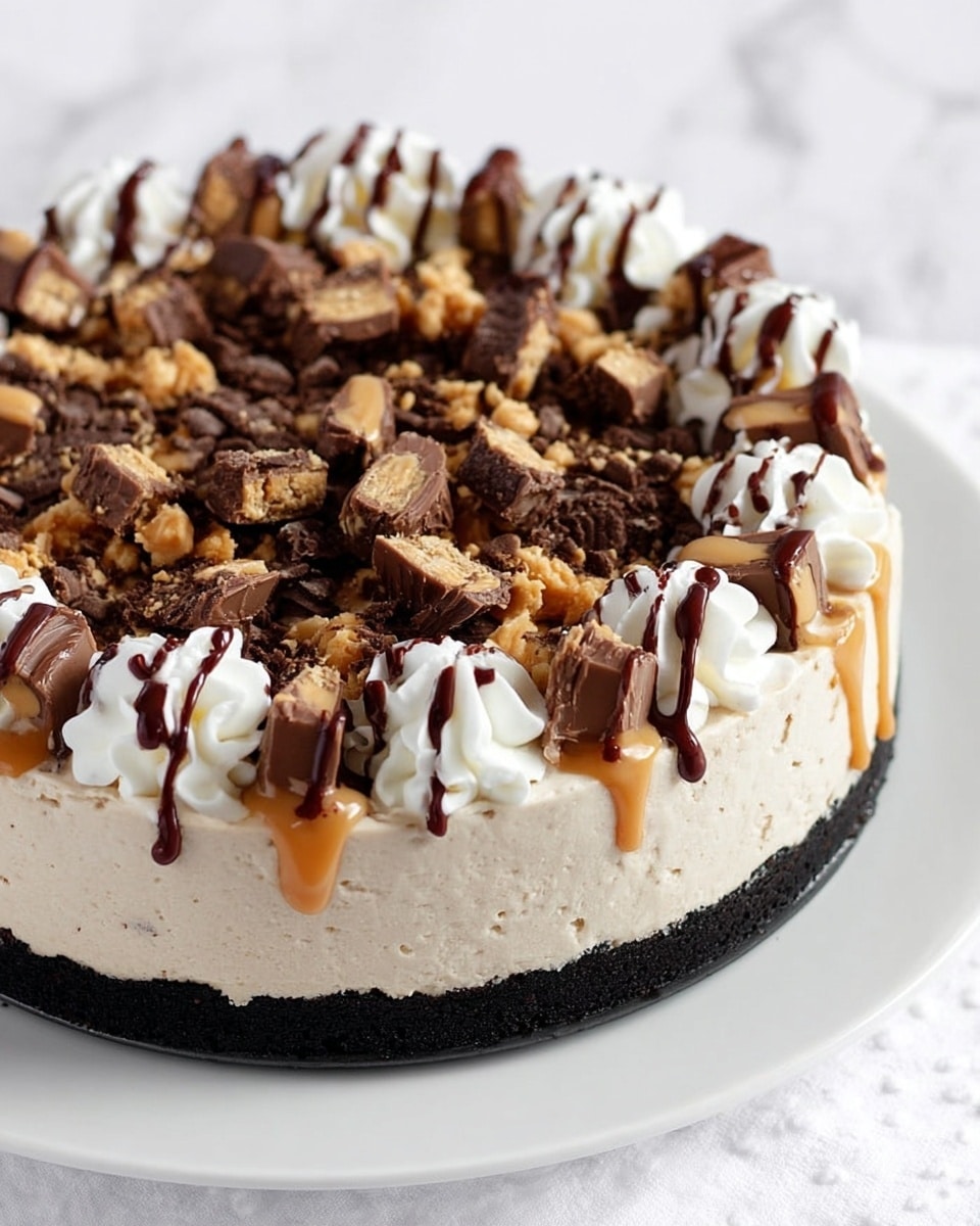 The image shows a round layered dessert on a white plate set on a white marbled surface. The bottom layer is a thick, dark chocolate crust. Above this is a smooth, light beige creamy layer. The top layer is made of dollops of white whipped cream arranged around the edges and scattered in the center. The whipped cream is decorated with chunks of peanut butter cups and crushed cookies. Drizzled over the top are ribbons of caramel-colored peanut butter sauce and dark chocolate sauce creating a striped pattern. The cake looks rich and textured with a mix of smooth cream and crunchy toppings photo taken with an iphone --ar 4:5 --v 7