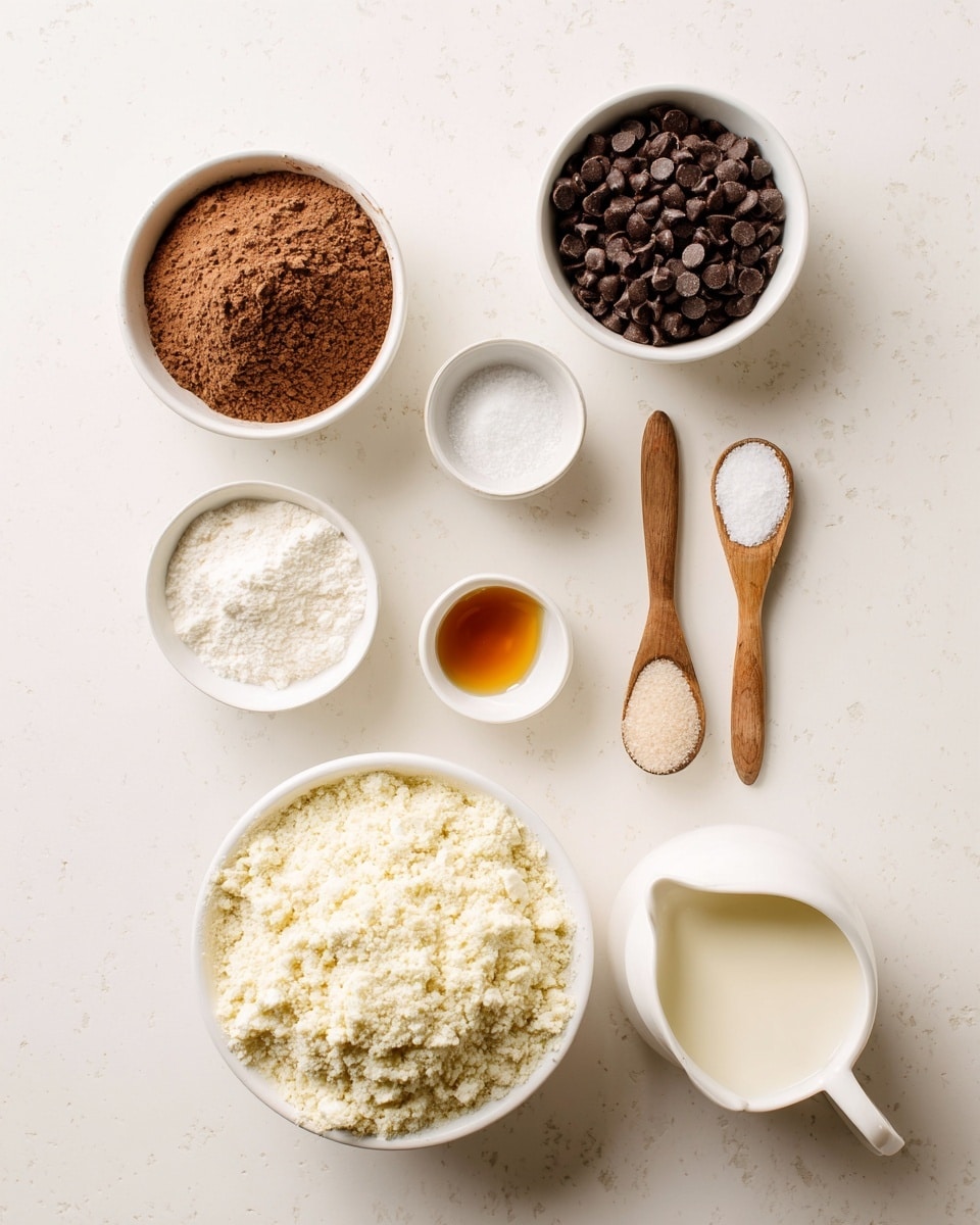The image shows a collection of baking ingredients neatly arranged on a white marbled surface. There are seven white bowls and two small wooden spoons. Starting from the top left, a bowl is filled with light brown cocoa powder with a powdery texture. To its right, another bowl holds smooth and shiny dark chocolate chips. Below the cocoa powder, a small bowl contains amber-colored liquid, possibly syrup or vanilla extract. At the bottom right, a large bowl is filled with off-white almond flour, which has a crumbly texture. Near the center, a bowl holds fine white granulated sugar. Adjacent to it, two wooden spoons carry small amounts of salt and baking powder, both white and powdery. At the bottom center, there is a small bowl with white flour. Finally, at the bottom right, a white jug is filled with a creamy liquid, likely milk or cream. photo taken with an iphone --ar 4:5 --v 7