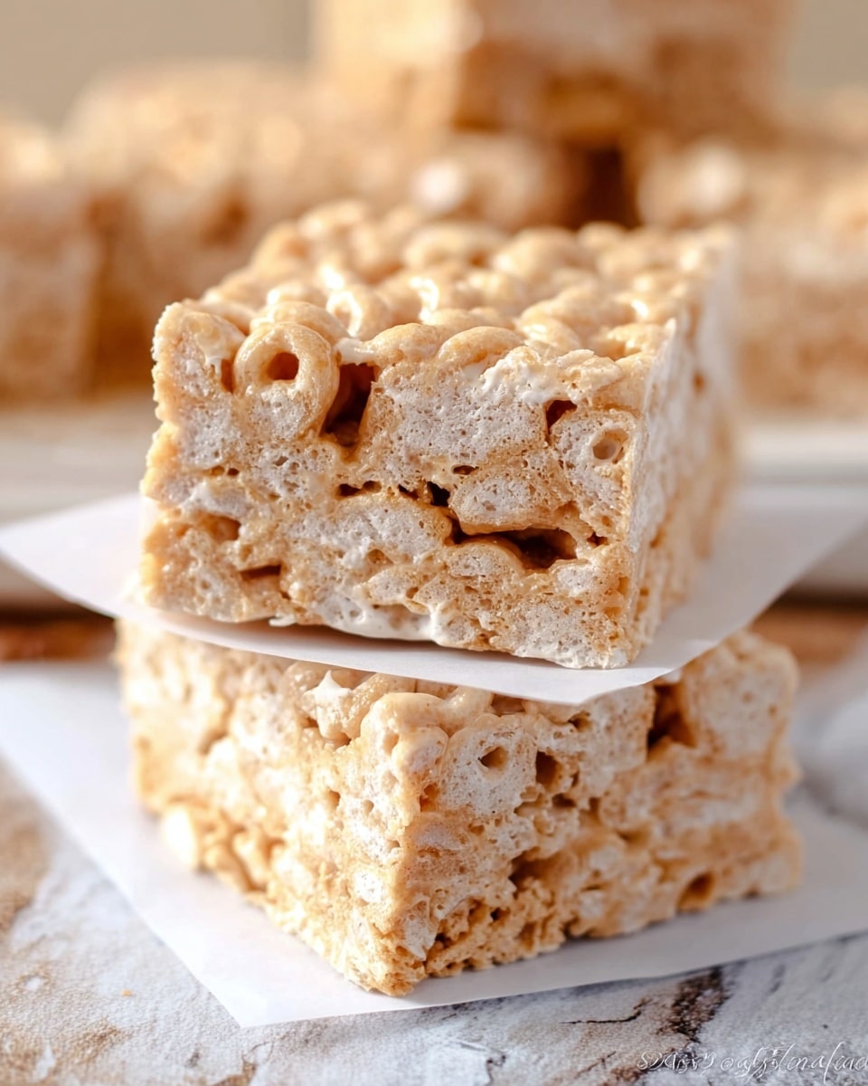 The image shows two thick square cereal bars stacked on top of each other, each separated by a square piece of white parchment paper. The bars have a light tan color with a slightly rough texture, made by pressed cereal flakes mixed with a creamy, sticky layer inside that gives a soft look. The edges of the bars are clean and straight, showing the layered cereal pieces tightly held together by the creamy binder. The bars sit on a white marbled surface, with a blurred background of more bars out of focus behind them. The light from the front highlights the details and texture of the cereal and creamy layers, making the bars look soft and chewy photo taken with an iphone --ar 4:5 --v 7