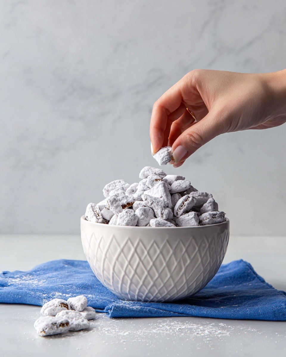 A white bowl with a diamond pattern and gold rim is filled high with small, irregular pieces covered in white powder, creating a rough, textured look. The bowl sits on a folded blue cloth, placed on a white marbled surface. Some of the powder-covered pieces are scattered loosely around the bowl on the surface. The background is a simple light gray with soft, subtle lines. photo taken with an iphone --ar 4:5 --v 7