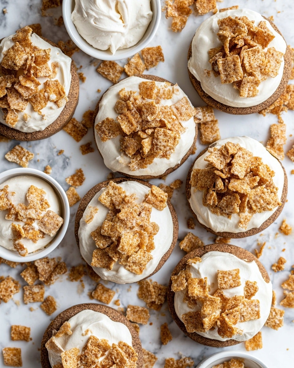 The image shows several round cookies laid out on a white marbled surface. Each cookie has a brown base with a light, creamy frosting layer on top. The frosting appears soft and thick, slightly uneven in spread, and is topped with small, broken pieces of crunchy cereal in different shades of light brown. Crushed cereal pieces are scattered around the cookies, adding texture and filling the spaces between them. A white bowl with more frosting is partially visible in the top left corner. The whole scene is bright and inviting with natural lighting. photo taken with an iphone --ar 4:5 --v 7