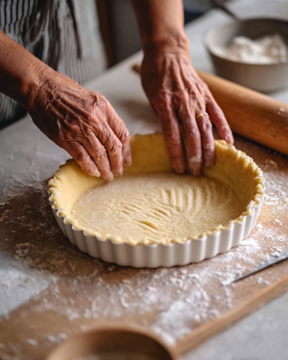 A close-up image shows woman's hands gently pressing and shaping the edge of a light golden dough crust inside a fluted white tart pan. The dough has a smooth, even surface with a slightly thick edge being pinched into a decorative pattern. The wooden table beneath is dusted with white flour, adding texture and contrast. In the background, a rolling pin lies on the table, and a small bowl with more flour is visible, blurred softly. The scene is warm and homely with soft natural light and a white marbled texture visible as the surface around the main area photo taken with an iphone --ar 4:5 --v 7