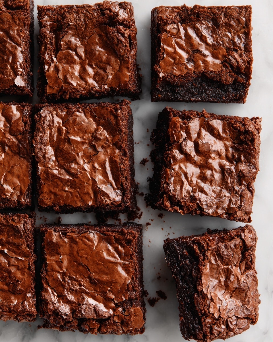 This image shows six chocolate brownies with a cracked, shiny, and slightly wrinkled dark brown top layer, arranged in a rough 2x3 grid on a white marbled surface. Each brownie is square-shaped, with the edges looking slightly raised and thicker than the center. The inside layers visible on the cut sides are dense and moist with a deep, rich brown color. The brownies have some chocolate crumbs scattered around the edges, adding texture contrast. photo taken with an iphone --ar 4:5 --v 7