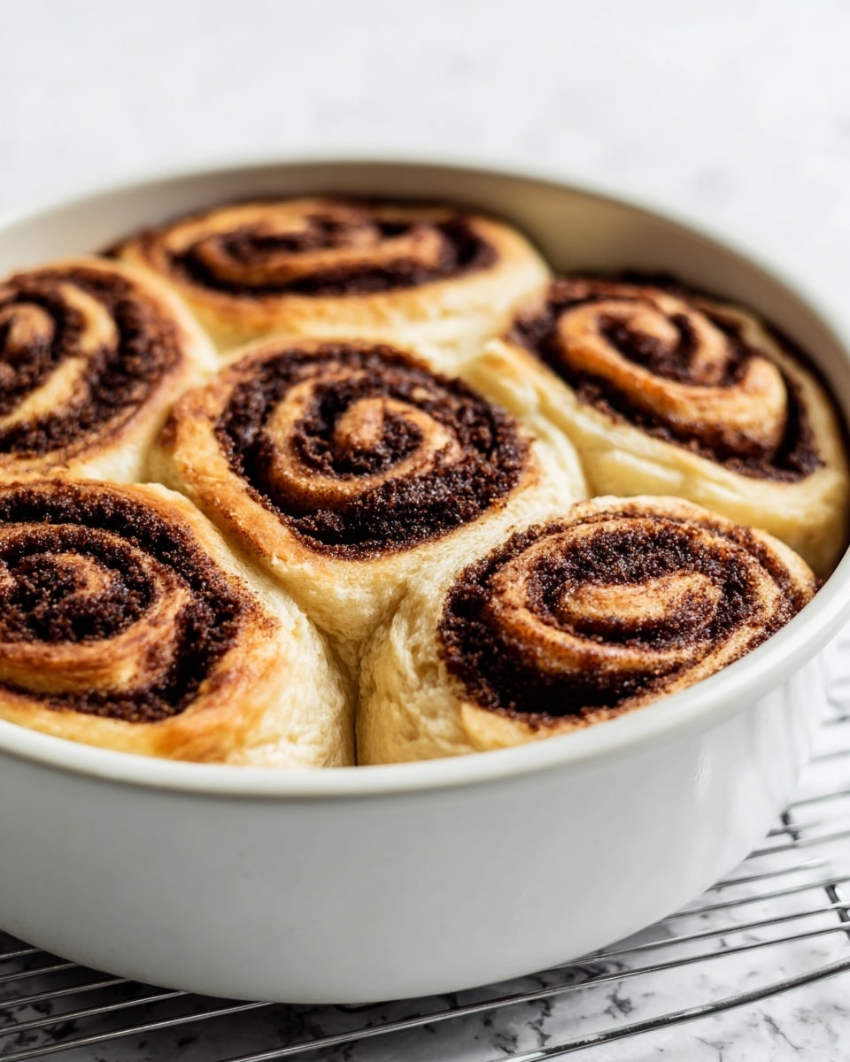 The image shows a white round baking pan filled with six cinnamon rolls. Each roll has a light tan dough base with a dark brown cinnamon swirl spread evenly in a spiral across the top and inside layers. The cinnamon filling looks slightly textured and moist, contrasting with the smooth dough layers. The rolls are placed close together, touching each other, in the pan. The pan rests on a wire rack over a white marbled surface. The lighting highlights the soft dough and rich cinnamon swirl clearly. Photo taken with an iphone --ar 4:5 --v 7