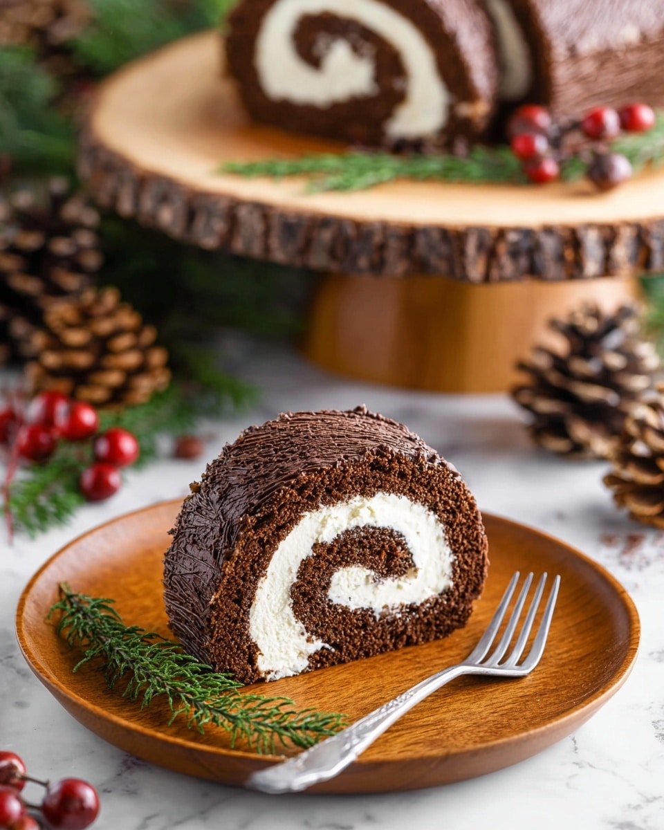 A single slice of chocolate roll cake is shown on a round white plate with a wood texture. It has two visible layers: the inner swirl is white cream, and the outer swirl is dark chocolate cake with a textured chocolate frosting on the outside edge. The plate has a silver fork placed on the bottom right side and a sprig of green rosemary on the bottom left. In the background, part of the full chocolate roll cake sits on a wooden cake stand with a textured bark edge. Red berries, green pine branches, and pine cones are scattered around the scene on a white marbled surface, creating a festive atmosphere. Photo taken with an iphone --ar 4:5 --v 7