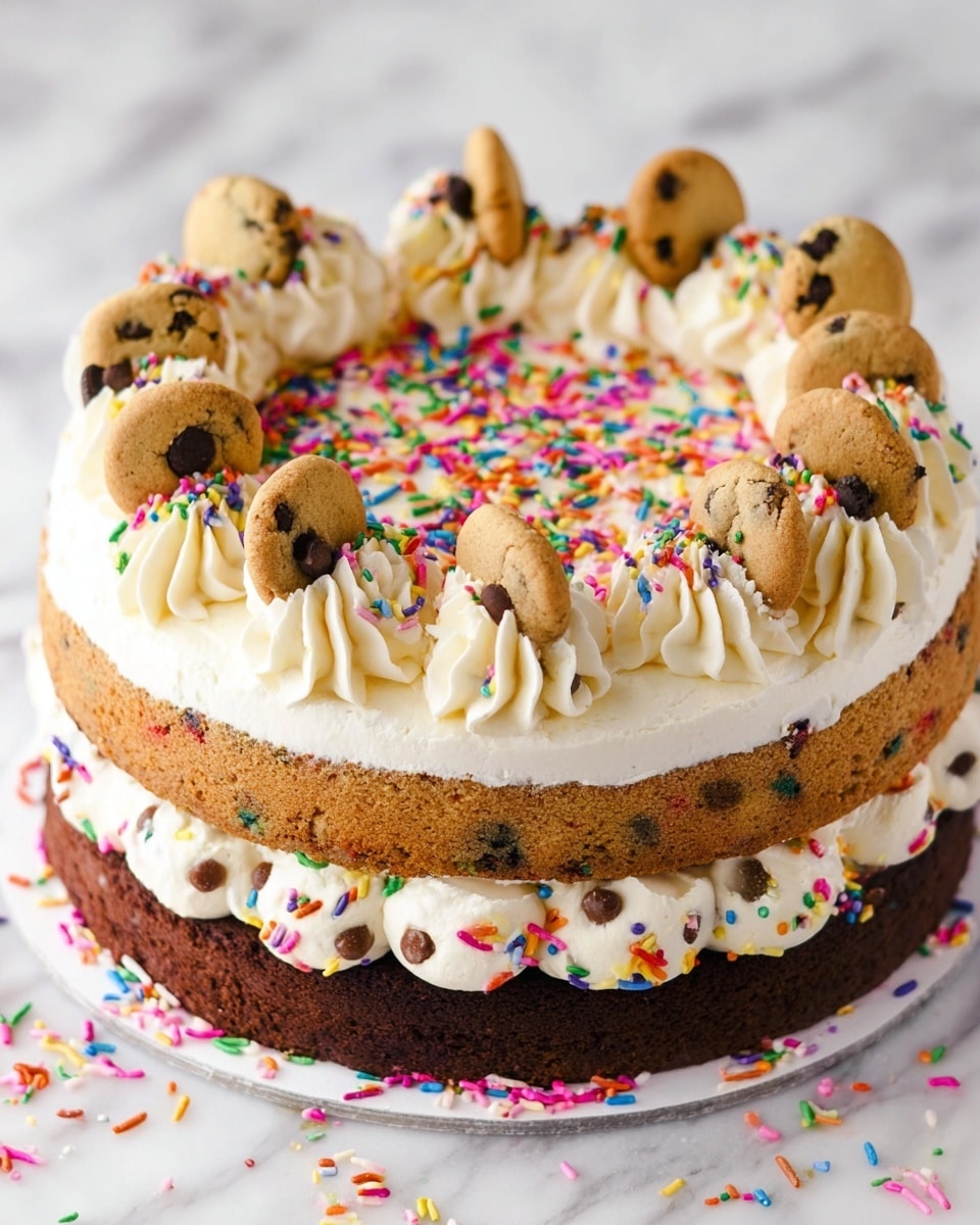 A three-layer cake sits on a white marbled surface, with the bottom layer being a dark brown chocolate base, the middle and top layers are light brown with colorful sprinkles baked inside. Between each layer, there is a thick white cream filling evenly spread. The top surface of the cake is covered with more white cream and decorated with rainbow sprinkles scattered all over. Around the edge, there are swirls of white cream topped alternately with small round vanilla cookies and small round chocolate chip cookies. Photo taken with an iphone --ar 4:5 --v 7