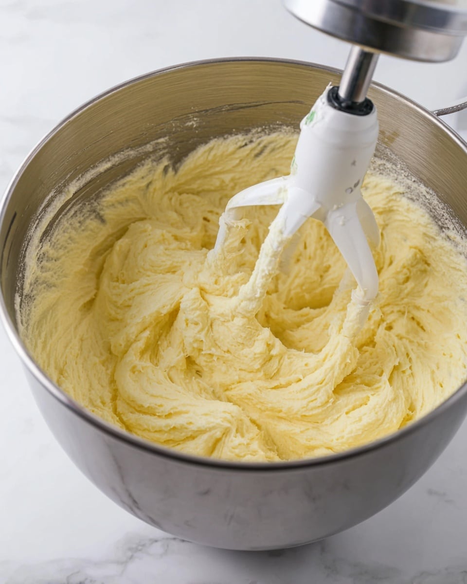 The image shows a close-up of a metal mixing bowl filled with a soft, light yellow batter that looks smooth and fluffy. A white flat paddle attachment from a stand mixer is resting inside the bowl, partially covered with the batter. The batter has a creamy texture with small peaks and folds, sitting evenly in the bottom half of the bowl. The bowl is placed on a white marbled surface. photo taken with an iphone --ar 4:5 --v 7