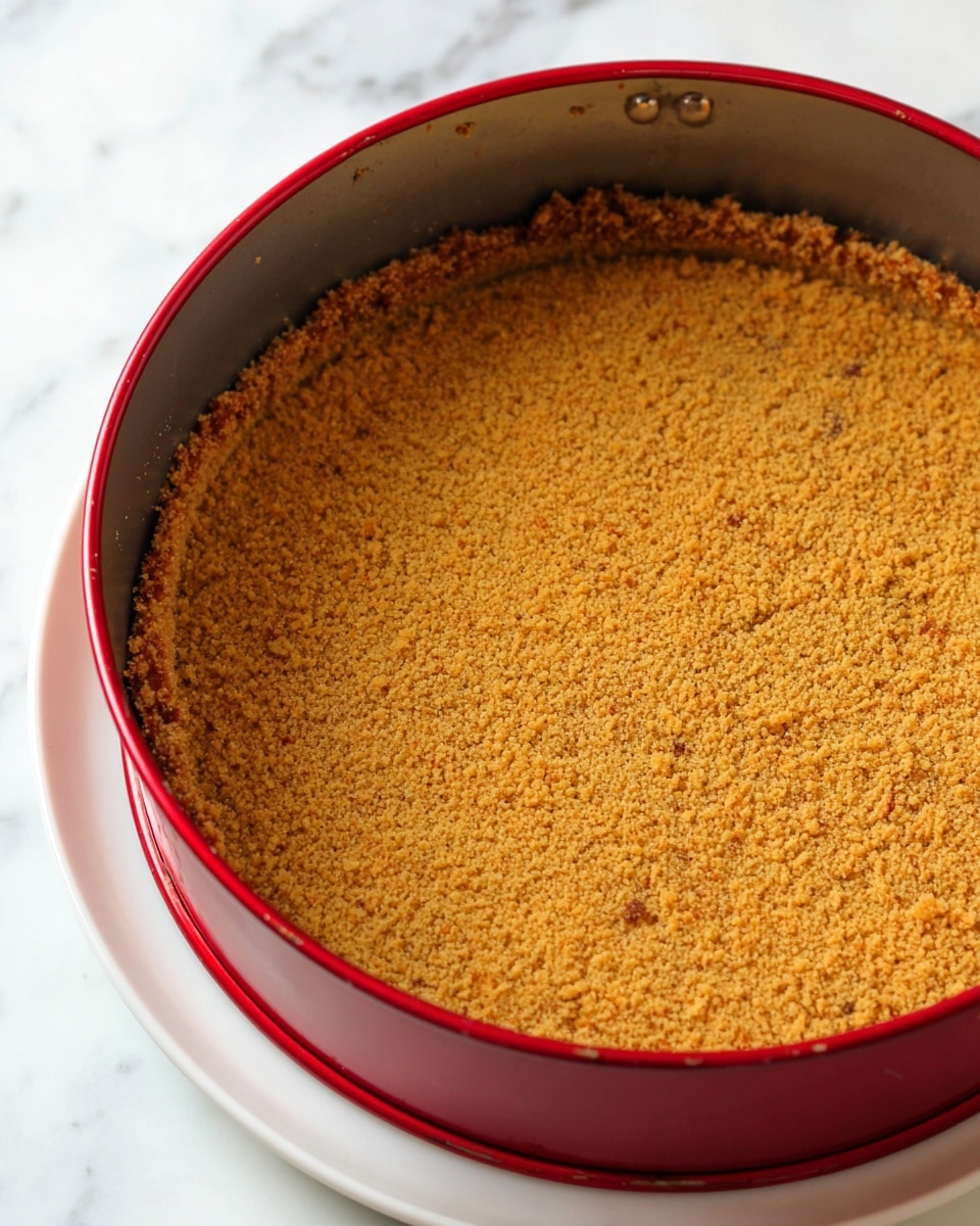 A close-up view of a single-layered crumb crust inside a round red springform pan, with a rough and crumbly texture in golden brown color evenly spread across the bottom and up the sides. The pan is placed on a white plate, all set on a white marbled surface. The crust looks firm and baked, with slight darker spots showing some browning. photo taken with an iphone --ar 4:5 --v 7