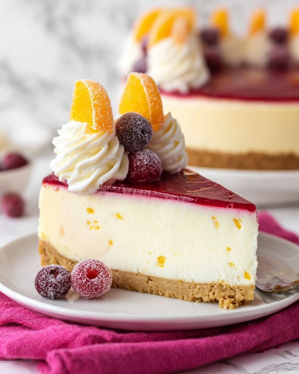 A slice of cheesecake on a white plate sits on a folded bright pink cloth over a white marbled surface. The cheesecake has three layers: the bottom is a thick, crumbly, light brown crust; the middle is a tall, smooth, and creamy white layer with small yellow specks; the top is a thin, shiny, deep red layer. On top are swirls of white whipped cream, decorated with sugared red and purple berries and small orange slices standing upright. There are also a few berries on the plate near the base of the cheesecake. In the background, a larger cheesecake with similar decoration is visible. Photo taken with an iphone --ar 4:5 --v 7