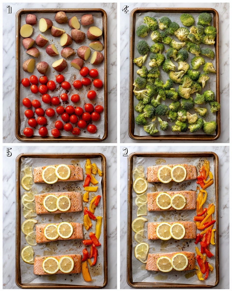 The image shows four stages of preparing a roasted meal on a baking sheet lined with parchment paper. In the first stage, there are three types of vegetables spread out: quartered red-skinned potatoes on the left, green broccoli florets on the right, all laid on a white marbled surface. The second stage adds four clusters of bright red cherry tomatoes in the top left corner and thin, long orange bell pepper slices on the bottom right next to the broccoli, with the potatoes appearing slightly seasoned. The third stage includes four large salmon fillets evenly spaced across the middle of the sheet, each topped with thin lemon slices, surrounded by the same vegetables. The final stage shows the cooked meal with the salmon slightly browned, lemon slices on top, and the vegetables roasted with some charred edges, all arranged similarly on the white marbled surface. photo taken with an iphone --ar 4:5 --v 7