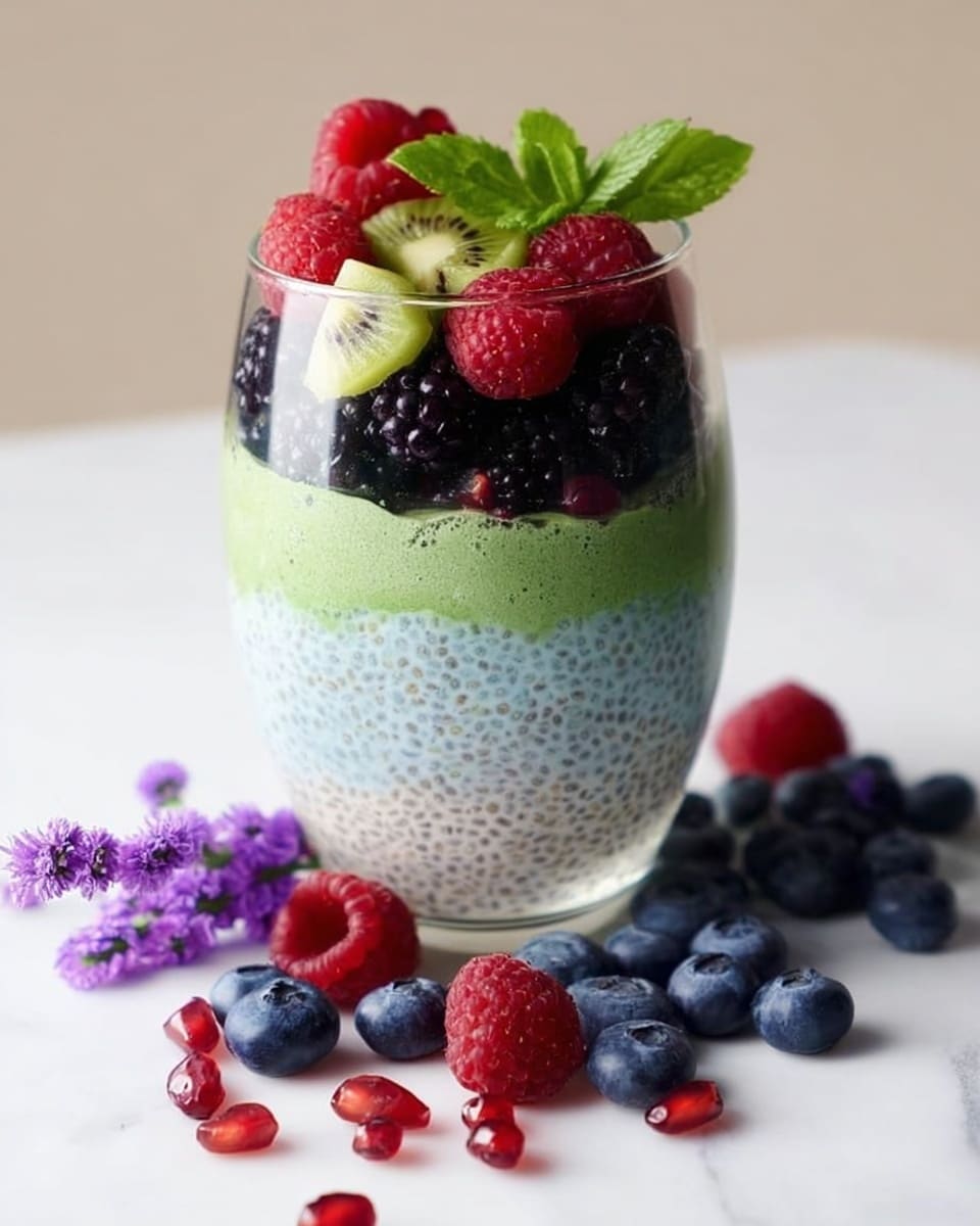 A clear glass holds a three-layer parfait placed on a white marbled surface. The bottom layer is creamy white with a soft, slightly grainy chia pudding texture. Above it is a middle layer in a light blue shade, similar in texture to the bottom but tinted. The top layer is green and looks smooth and thick, likely a matcha or green smoothie blend. The glass is full to the brim with fresh berries including red raspberries, purple blackberries, and dark blueberries, as well as small green slices of kiwi and a fresh green mint leaf on top. Around the glass on the white marbled surface are scattered blueberries, raspberries, kiwi slices, and pomegranate seeds. Nearby is a small bunch of purple flowers adding a soft touch to the scene. photo taken with an iphone --ar 4:5 --v 7