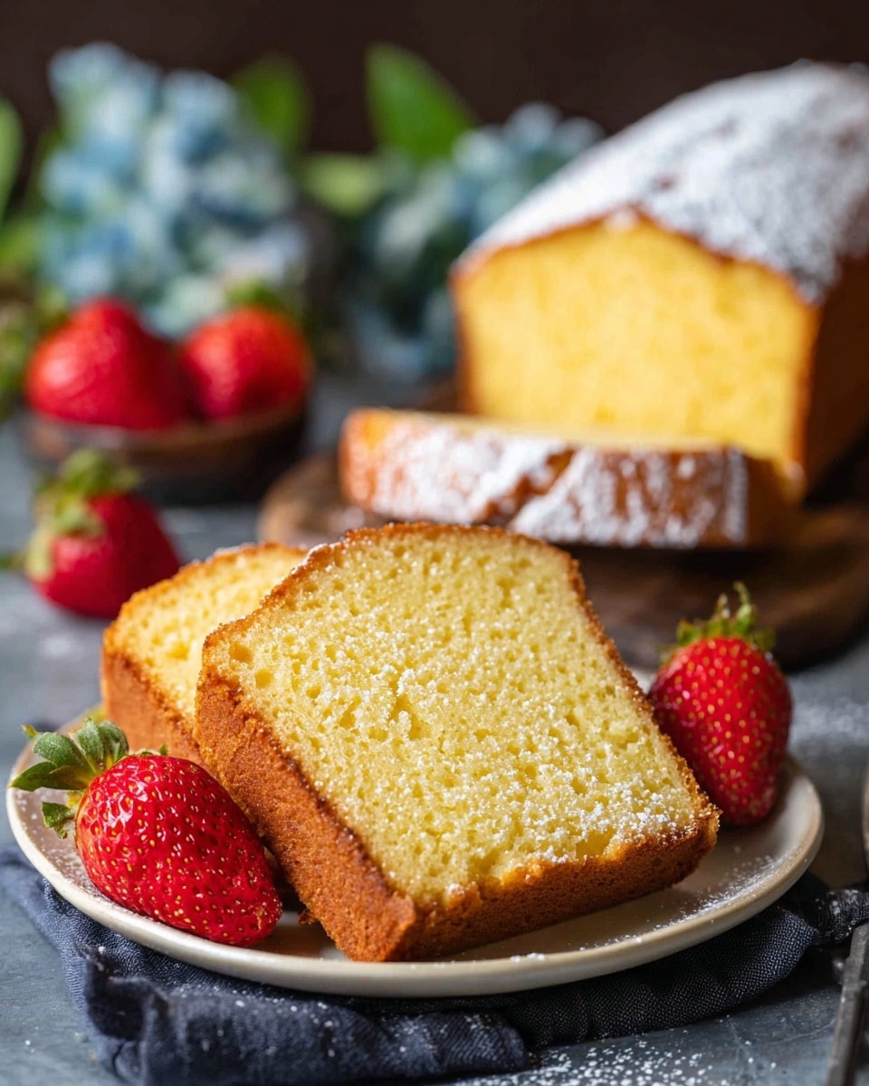 The image shows a white plate with two slices of golden yellow pound cake, each slice having a slightly rough texture and some sugar dusted on top. The slices rest on a dark cloth, with three bright red strawberries placed around them, adding a fresh contrast. Behind the plate, there is a larger loaf of pound cake dusted with powdered sugar. The background features a white marbled texture, and there are some blurred blue and green elements in the far back that add depth. Photo taken with an iphone --ar 4:5 --v 7