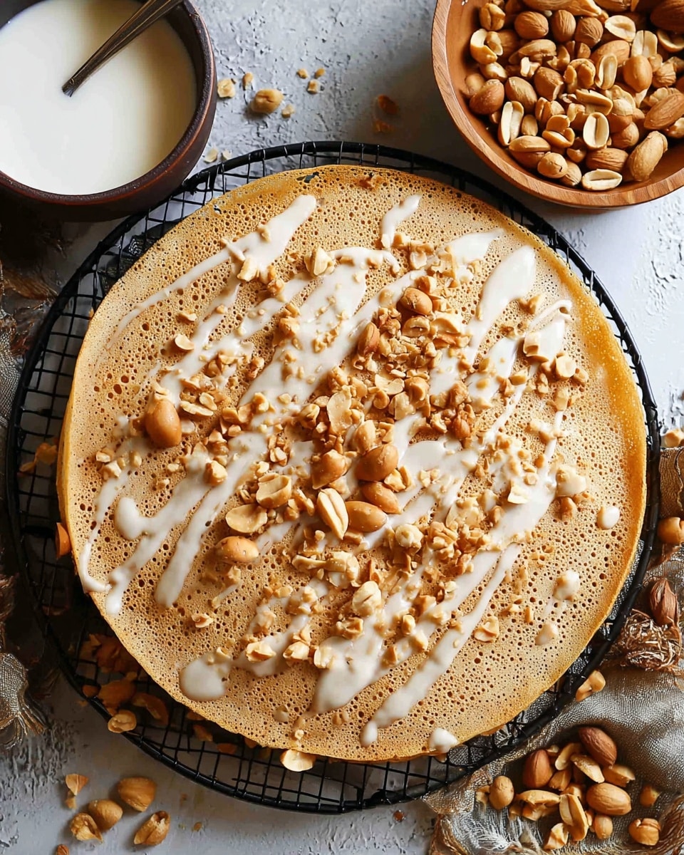 A single round crepe with a light golden brown color and small holes on the surface is laid flat on a black wire rack over a white marbled textured background. The crepe is topped with crushed and whole roasted peanuts scattered across evenly. White creamy sauce is drizzled in thin lines over the peanuts, adding a smooth contrast to the crunchy texture. To the top left on the wire rack, there is a small dark brown bowl filled with white creamy sauce and a metal spoon inside. At the top right, a wooden bowl overflows with whole peanuts in shells. Some peanuts are scattered casually around the rack. Photo taken with an iphone --ar 4:5 --v 7