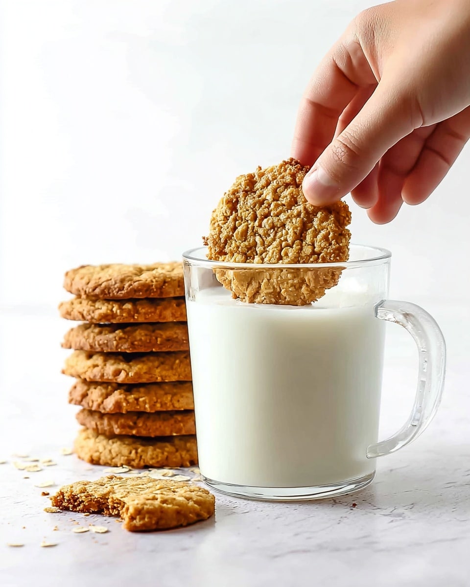 A clear glass mug filled almost to the top with white milk sits on a white marbled surface. A woman's hand is dipping a round, textured oat cookie with a golden brown color into the milk. To the left of the mug, there is a neat stack of six more oat cookies, all showing a rough and crumbly texture with visible oats. Near the lower front of the image, there is a broken oat cookie resting on the white marbled surface. The background is plain white, focusing attention on the glass mug and cookies. photo taken with an iphone --ar 4:5 --v 7