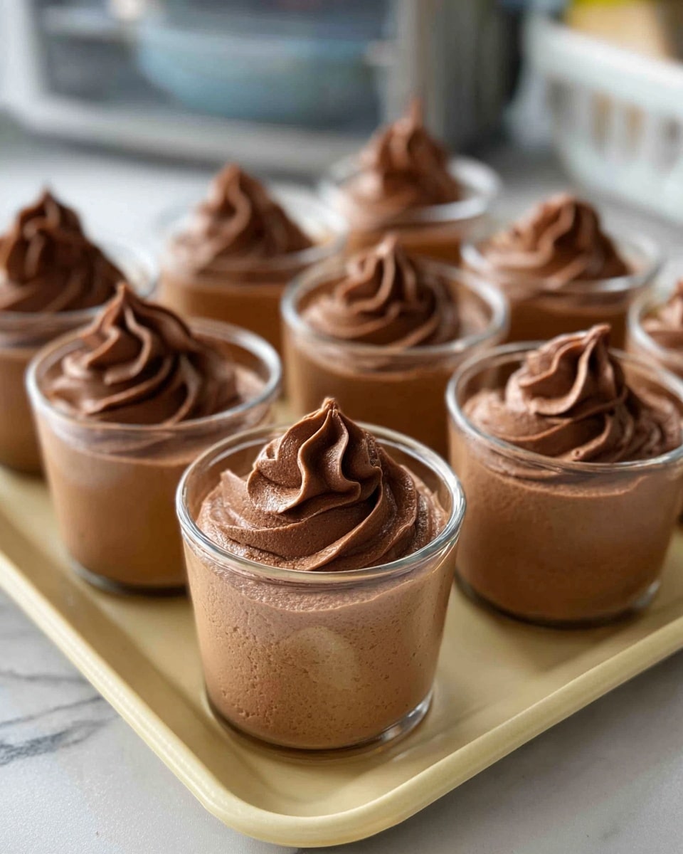 There are eight small clear glass cups filled with smooth, light brown chocolate mousse, each topped with a swirl of darker brown chocolate cream on top. The cups are placed closely together on a beige tray with thin edges. The background shows a white marbled surface with a blurred view of a container and a window behind it. The lighting is natural and soft, highlighting the creamy texture of the mousse and the swirls on top. photo taken with an iphone --ar 4:5 --v 7
