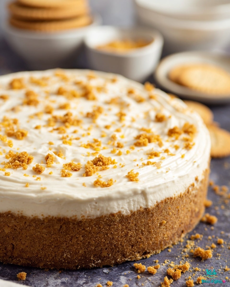 A close-up of a round cheesecake shows two main layers: a thick, light brown crumb crust at the bottom with a rough texture, and a smooth, creamy white layer of cheesecake filling on top, which is spread evenly with small ridges. The white filling is sprinkled with small golden-brown crumb pieces scattered across the surface. The cheesecake is placed on a dark surface with some loose crumbs around it. In the background, there are blurred white bowls and crackers on a white marbled textured surface. Photo taken with an iphone --ar 4:5 --v 7