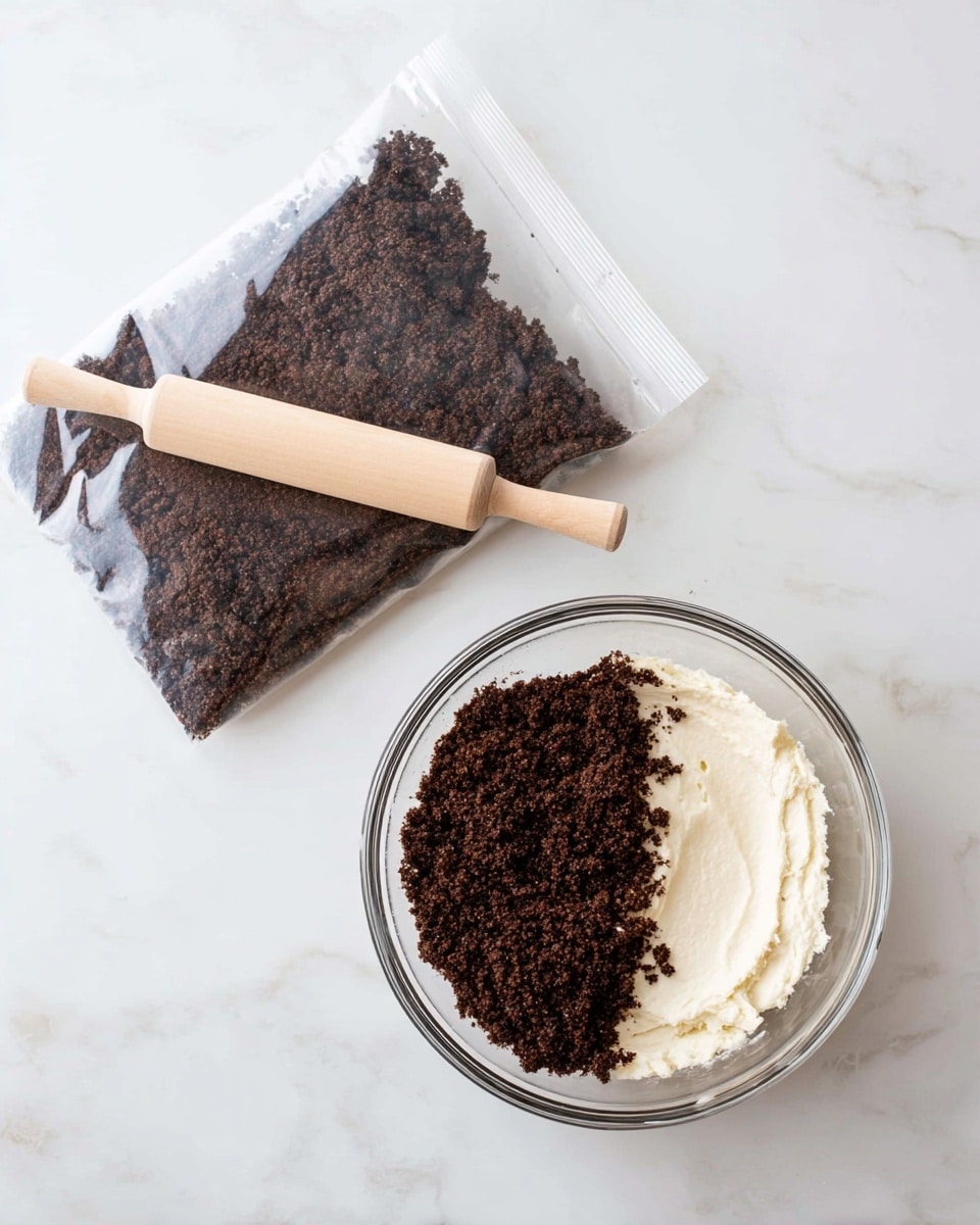 The image shows two parts: on the left side, there is a transparent plastic bag filled with dark brown crushed cookies or chocolate crumbs, resting on a white marbled surface with a light wooden rolling pin placed inside the bag pressing down on the crumbs. On the right side, there is a clear glass bowl on the same white marbled surface, containing two main layers: one half is the same dark brown crushed cookie crumbs, and the other half is a smooth, creamy white mixture, both portions filling the bowl equally from the center out to the edges. photo taken with an iphone --ar 4:5 --v 7