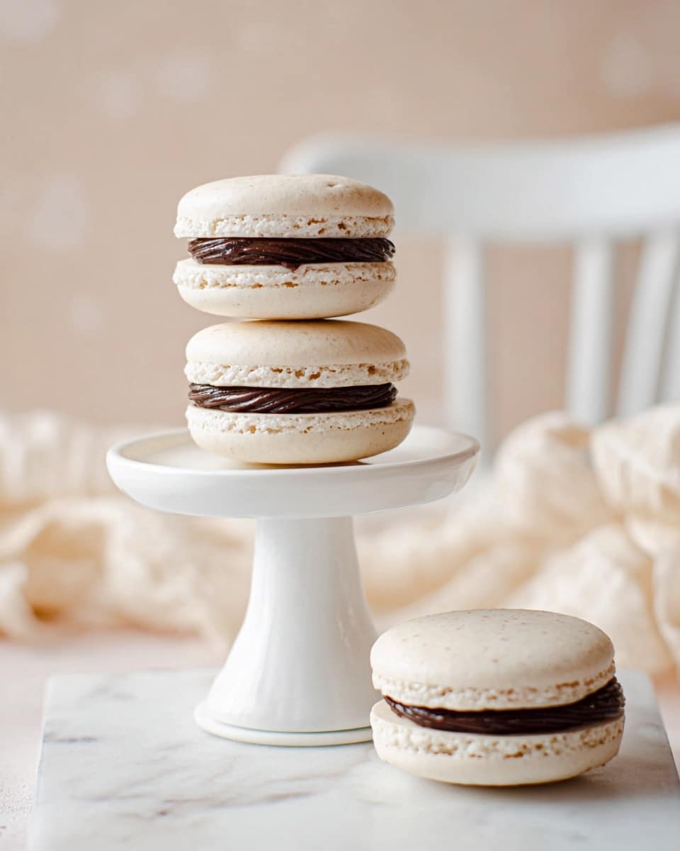 Three light beige macarons with smooth tops and slightly rough edges are shown. Each macaron has two shells with a thick, dark brown, creamy chocolate layer in the middle. Two macarons rest on a shiny white cake stand with a slim base, and one macaron sits on a white marbled surface beside it. The background is soft and neutral with beige tones and a blurred white chair. photo taken with an iphone --ar 4:5 --v 7