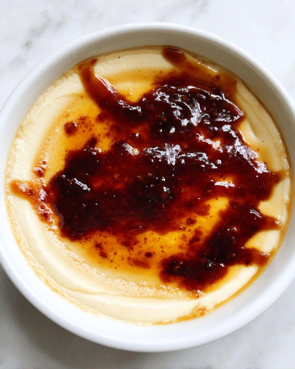 A white bowl holds a smooth, creamy light beige layer that fills the bottom, topped with a dark reddish-brown sauce spread unevenly over the surface with some glossy spots and slight thickness variations, creating a contrast in color and texture between the creamy base and the shiny sauce. The bowl sits on a white marbled surface. photo taken with an iphone --ar 4:5 --v 7