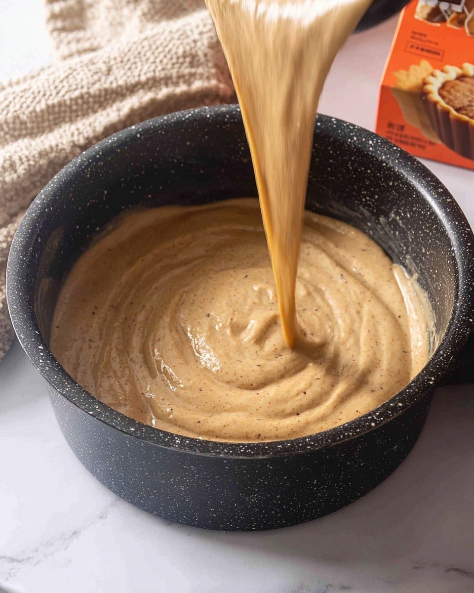 A thick, smooth light brown batter with tiny dark specks is poured into a black speckled pot, filling it up with creamy texture. In the background, a beige waffle textured cloth and an orange box with a blurred pie image are seen against a white marbled surface. The batter flows slowly, creating soft curves inside the pot. photo taken with an iphone --ar 4:5 --v 7