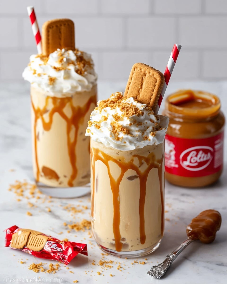 Two creamy light caramel colored milkshakes are in clear glasses with drizzles of darker caramel sauce running down the inside walls. Each glass is topped with white whipped cream, sprinkled with crushed biscuit crumbs around the rim and some on top. A whole rectangular caramel biscuit is placed vertically in the whipped cream, and a red and white striped straw stands beside it. In the background, there is an open jar of caramel spread with some spread on a silver spoon lying on a white marbled surface, along with a wrapped caramel biscuit near the front glass. Photo taken with an iphone --ar 4:5 --v 7
