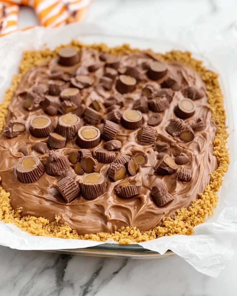 A dessert with three layers is shown on a white marbled surface: the bottom layer is a crumbly golden crust that edges the dish, the middle layer is a thick, creamy milk chocolate spread with soft waves and swirls, and the top layer consists of many small, round chocolate peanut butter cups scattered evenly over the chocolate spread. The dessert is in a clear glass dish with white parchment paper under it. photo taken with an iphone --ar 4:5 --v 7