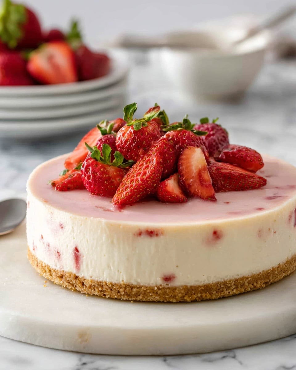 A round cheesecake with three visible layers sits on a white marbled surface: a thick, crumbly golden-brown crust at the bottom, a thick creamy white middle layer, and a smooth pale pink top layer with small bits of strawberries visible inside. On top, there is a pile of fresh whole and sliced bright red strawberries with green leaves, some of them juicy and shiny. In the background, there is a blurred white plate stacked with more strawberries and a white bowl with a spoon. Photo taken with an iphone --ar 4:5 --v 7