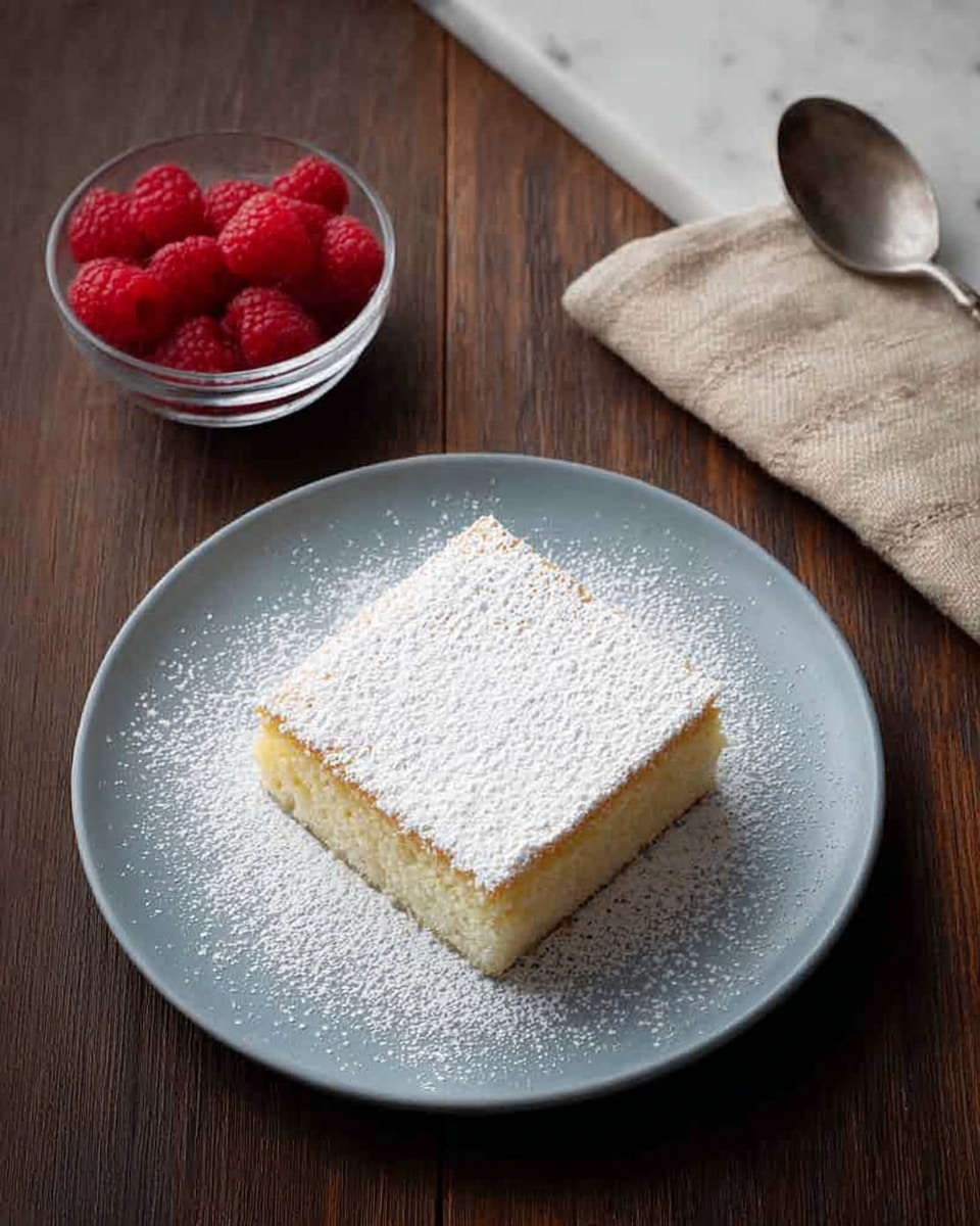 A square piece of yellow cake with a soft, dense texture sits in the middle of a white plate. The top layer is dusted evenly with white powdered sugar, creating a thin, powdery surface. The cake reveals a smooth, light yellow layer beneath the powdered top. The plate rests on a dark wooden table, with a blurred black and white teapot and a small clear bowl of bright red cherries placed in the background. The overall setting has warm, natural light with soft shadows, and the background surface is changed to a white marbled texture. photo taken with an iphone --ar 4:5 --v 7