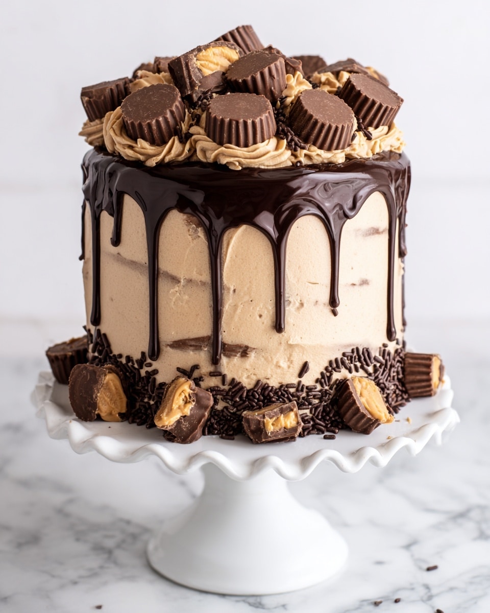 The image shows a three-layered chocolate cake with dark brown, moist-looking cake layers. Between each cake layer is a thick, creamy tan frosting layer. The outside of the cake is covered with the same tan frosting, topped with a shiny dark chocolate glaze dripping slightly down the sides. On top of the cake are chocolate sprinkles and several pieces of peanut butter cup candies, some whole and some cut in half, revealing their light brown filling. More peanut butter cups and chocolate sprinkles are placed around the bottom edge of the cake, which sits on a white, ruffled plate on a white marbled surface. photo taken with an iphone --ar 4:5 --v 7