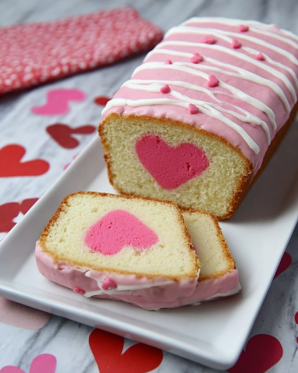 A loaf cake with two slices in front showing the inside white cake with a bright pink heart shape in the middle; the top of the loaf is decorated with white and pink swirled icing lines and small pink heart shapes. The cake sits on a white rectangular plate placed on a white marbled surface with various heart patterns underneath. Photo taken with an iphone --ar 4:5 --v 7