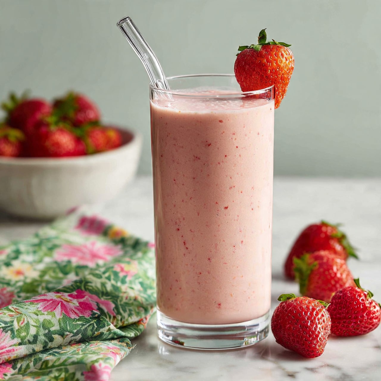 A tall clear glass is filled with a thick, light pink strawberry smoothie showing small red specks throughout. The top of the smoothie reaches just above the rim, with a half strawberry garnish on the edge and a clear glass straw angled outwards. Around the glass are whole and half strawberries, emphasizing fresh fruit. A white bowl filled with strawberries is placed in the background on a white marbled surface, next to a green cloth with pink and white floral patterns in the foreground. The scene is bright and fresh, focusing on the creamy texture and natural color of the smoothie photo taken with an iphone --ar 4:5 --v 7