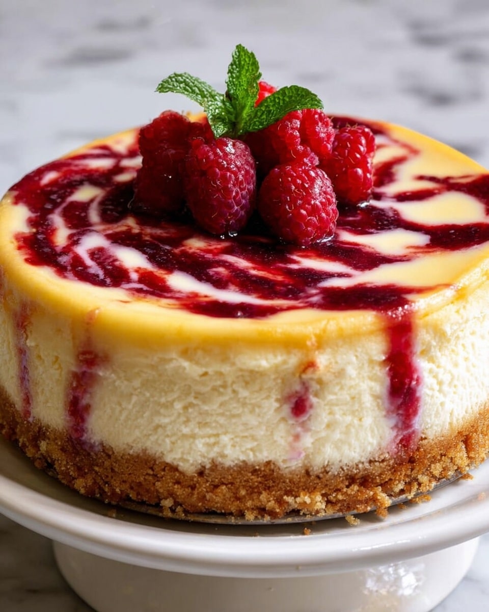 A three-layer cheesecake is shown on a white plate with a white marbled background. The bottom layer is a thick, crumbly golden brown crust. The middle layer is a smooth, creamy white cheesecake filling, thick and dense. The top layer features a light yellow baked cheesecake surface with a swirled dark red raspberry sauce artistically spread, some dripping slightly down the side. On top of the cake, there is a small cluster of fresh, bright red raspberries with a single green mint leaf for garnish. Photo taken with an iphone --ar 4:5 --v 7