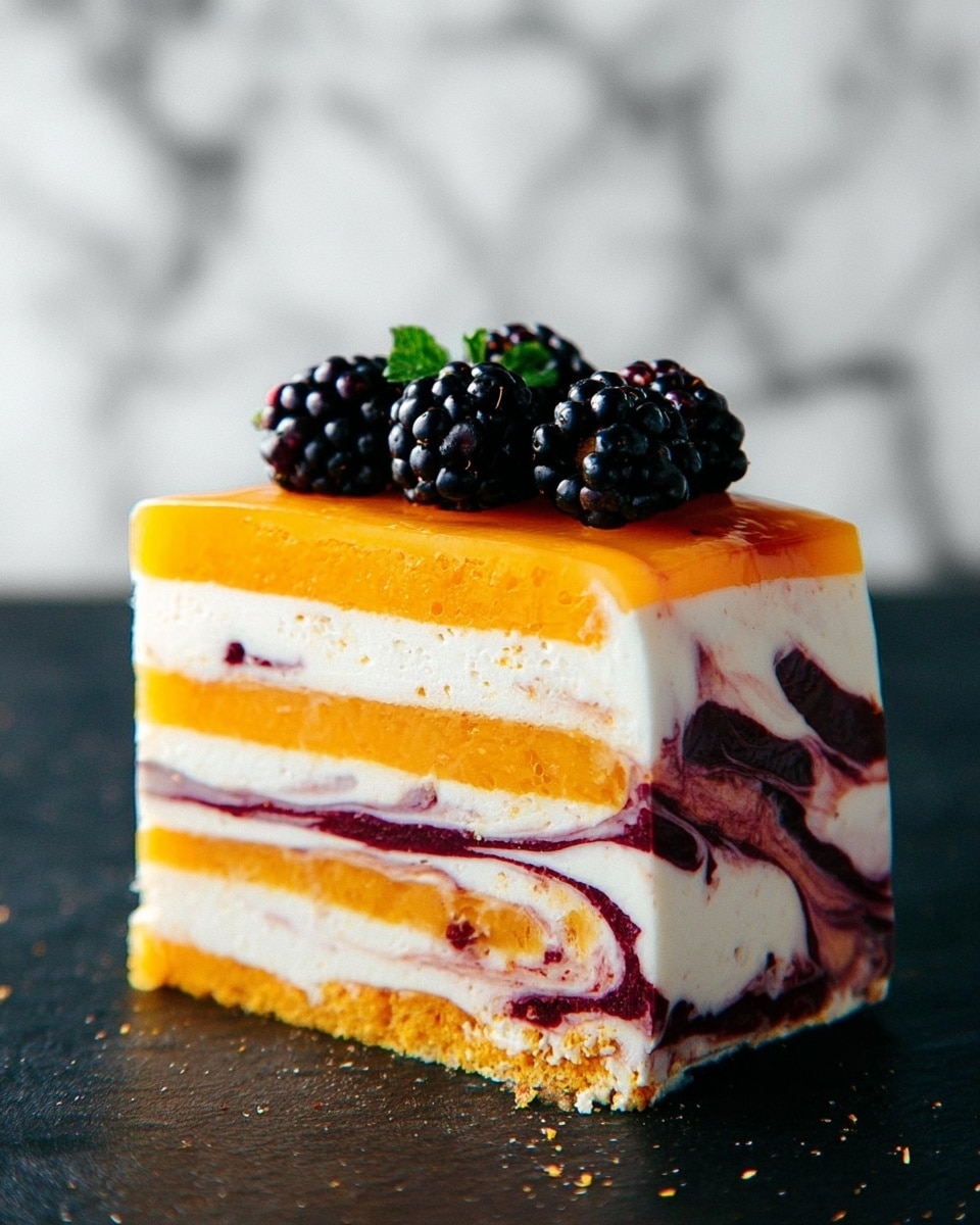 A slice of layered dessert is shown with four main layers alternating between bright orange and creamy white, mixed with thin dark red swirls running through each layer. The top is decorated with a cluster of fresh, shiny blackberries. The dessert slice sits on a dark slate surface with a few scattered blackberries and green leaves nearby. The background is a soft, light color, and the overall look is clean and fresh. photo taken with an iphone --ar 4:5 --v 7