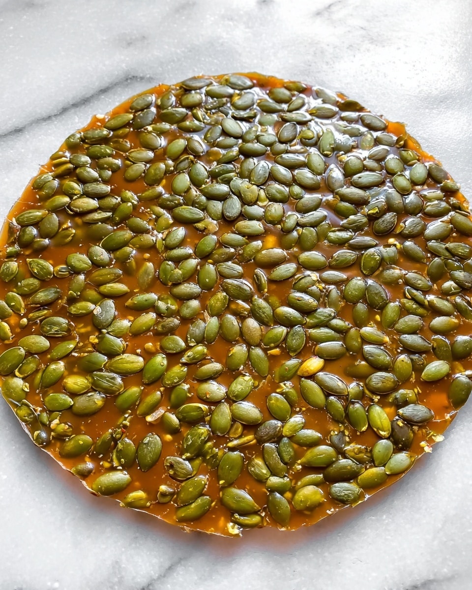 The image shows a single round layer of pumpkin seed brittle on a white marbled surface. The brittle has a glossy, caramel-brown base with many green pumpkin seeds evenly spread and embedded throughout the entire layer. The seeds create a textured pattern against the smooth caramel layer. The edges of the brittle are slightly uneven, showing its handmade nature. Photo taken with an iphone --ar 4:5 --v 7
