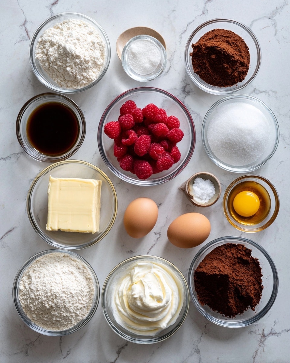 A top-down view shows multiple clear glass bowls and two eggs arranged on a white marbled surface. The bowls contain various ingredients: white flour, cocoa powder, sugar, whipped cream, fresh raspberries, butter, a block of cream cheese, and small amounts of baking powder, baking soda, salt, vanilla extract, and dark syrup. The items are spaced evenly, with the eggs placed near the center. The colors range from white and cream to dark brown and vibrant red, with smooth, powdery, and creamy textures visible. photo taken with an iphone --ar 4:5 --v 7